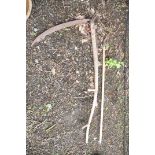A VINTAGE GARDEN SCYTHE, a modern hay rake and a another cutting tool (3)