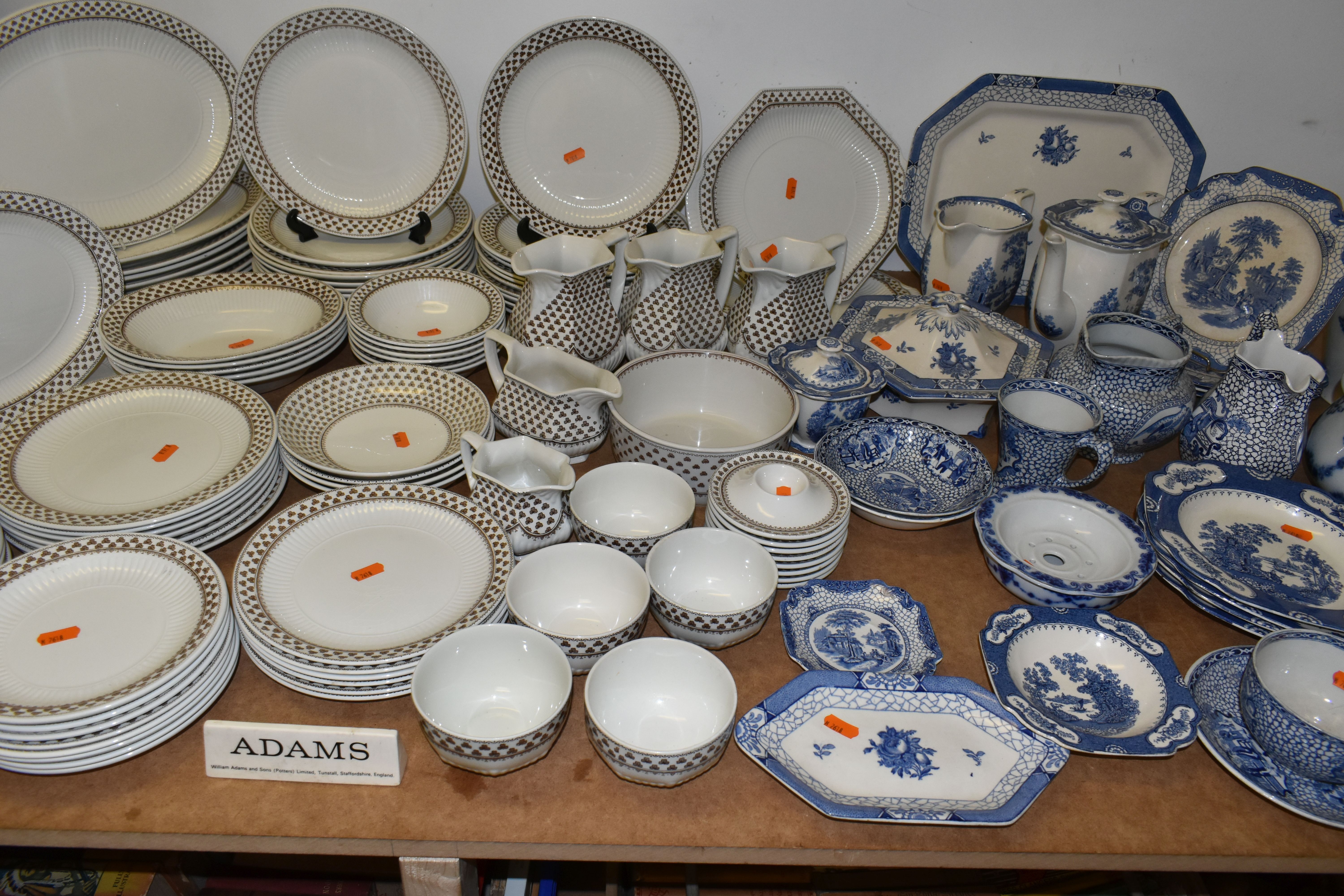 A LARGE QUANTITY OF 'ADAMS' IRONSTONE IN TRADITIONAL BLUE AND WHITE ORIENTAL DESIGNS AND A DINNER