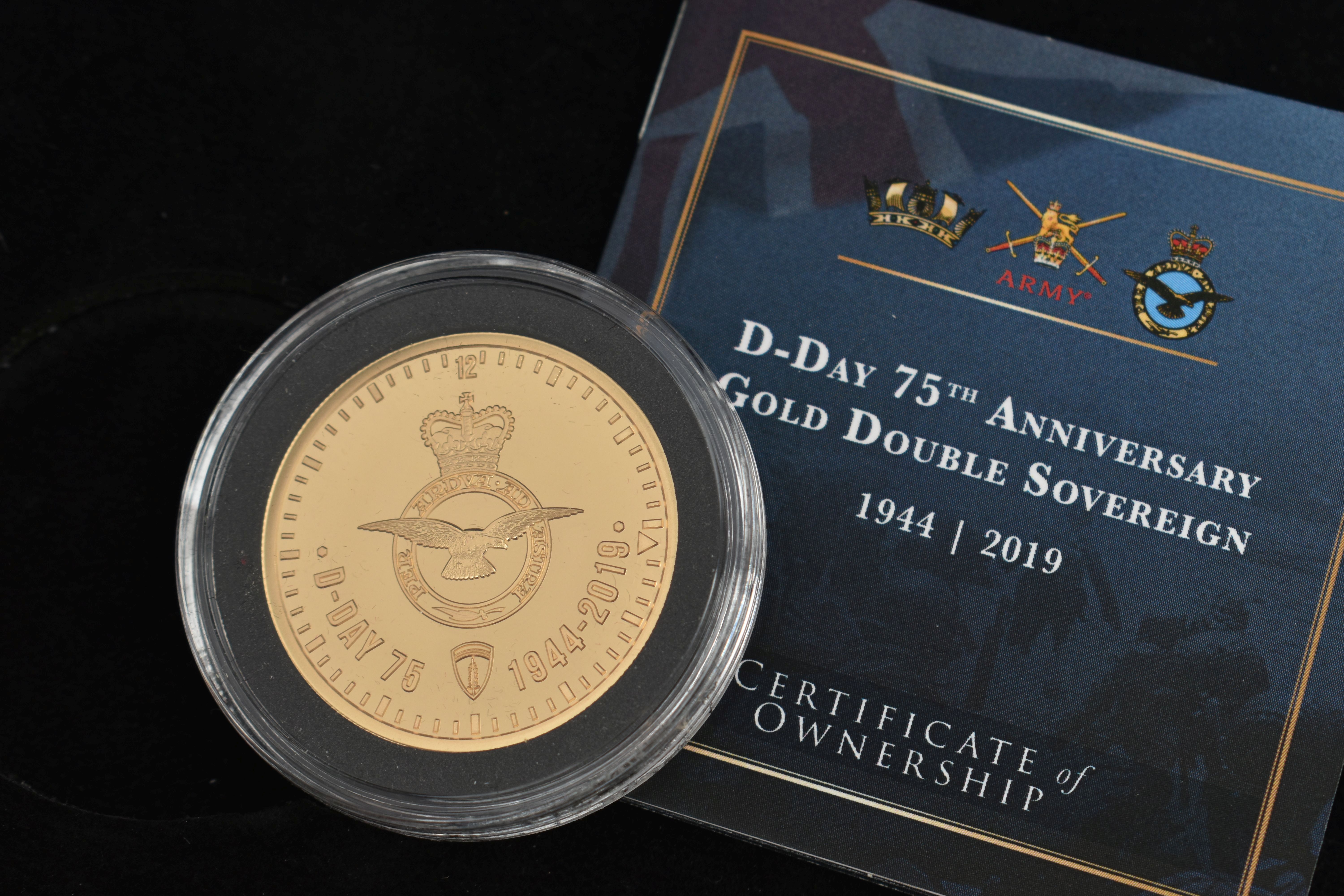 A D-DAY ANNIVERSARY GOLD DOUBLE SOVEREIGN 1944-2019, in case of issue 22ct Gold, 32mm diameter, 16 - Bild 2 aus 3