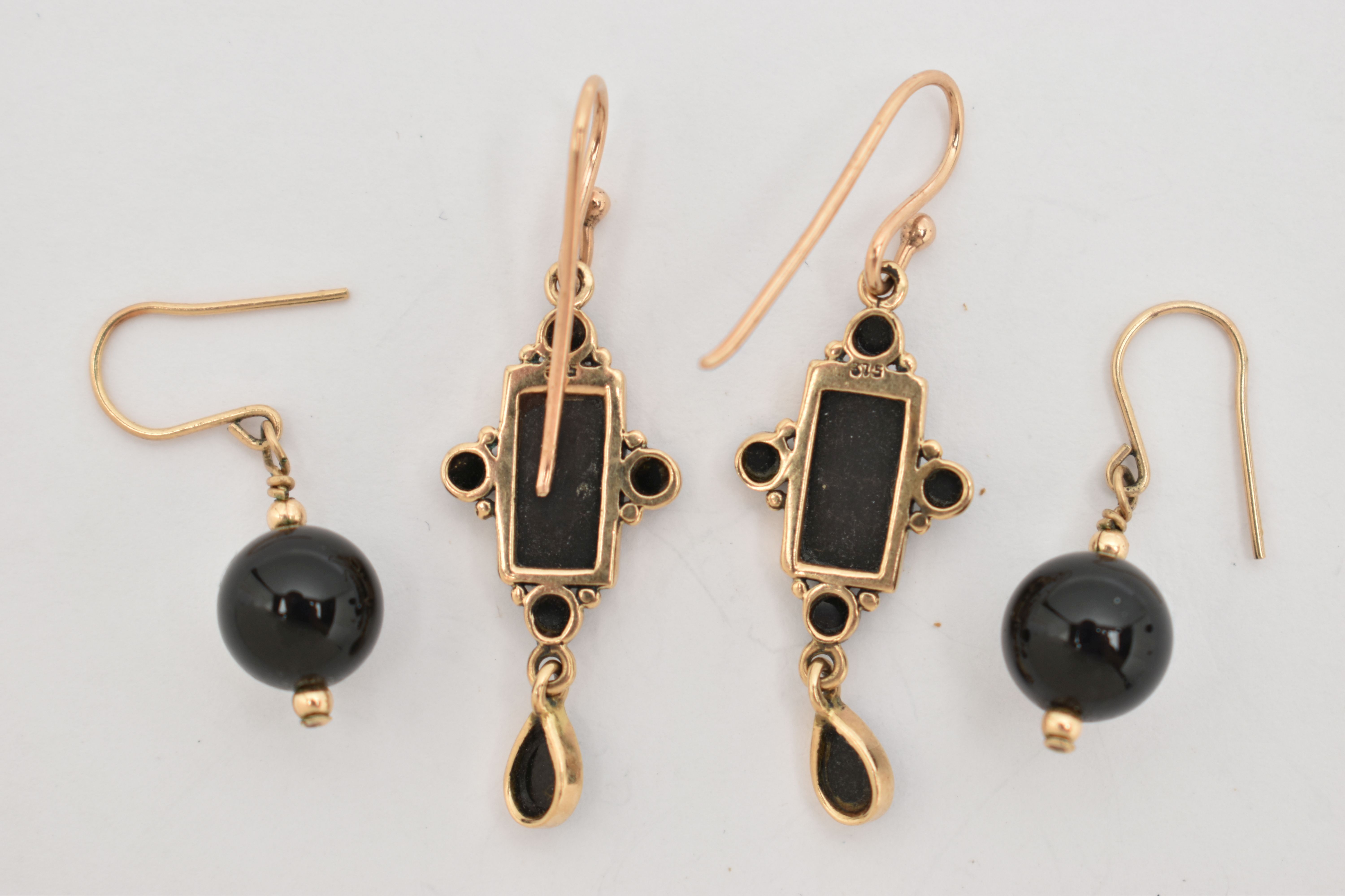 TWO PAIRS OF EARRINGS, the first a pair of yellow gold and onyx drop earrings, fitted with fish hook - Image 2 of 2