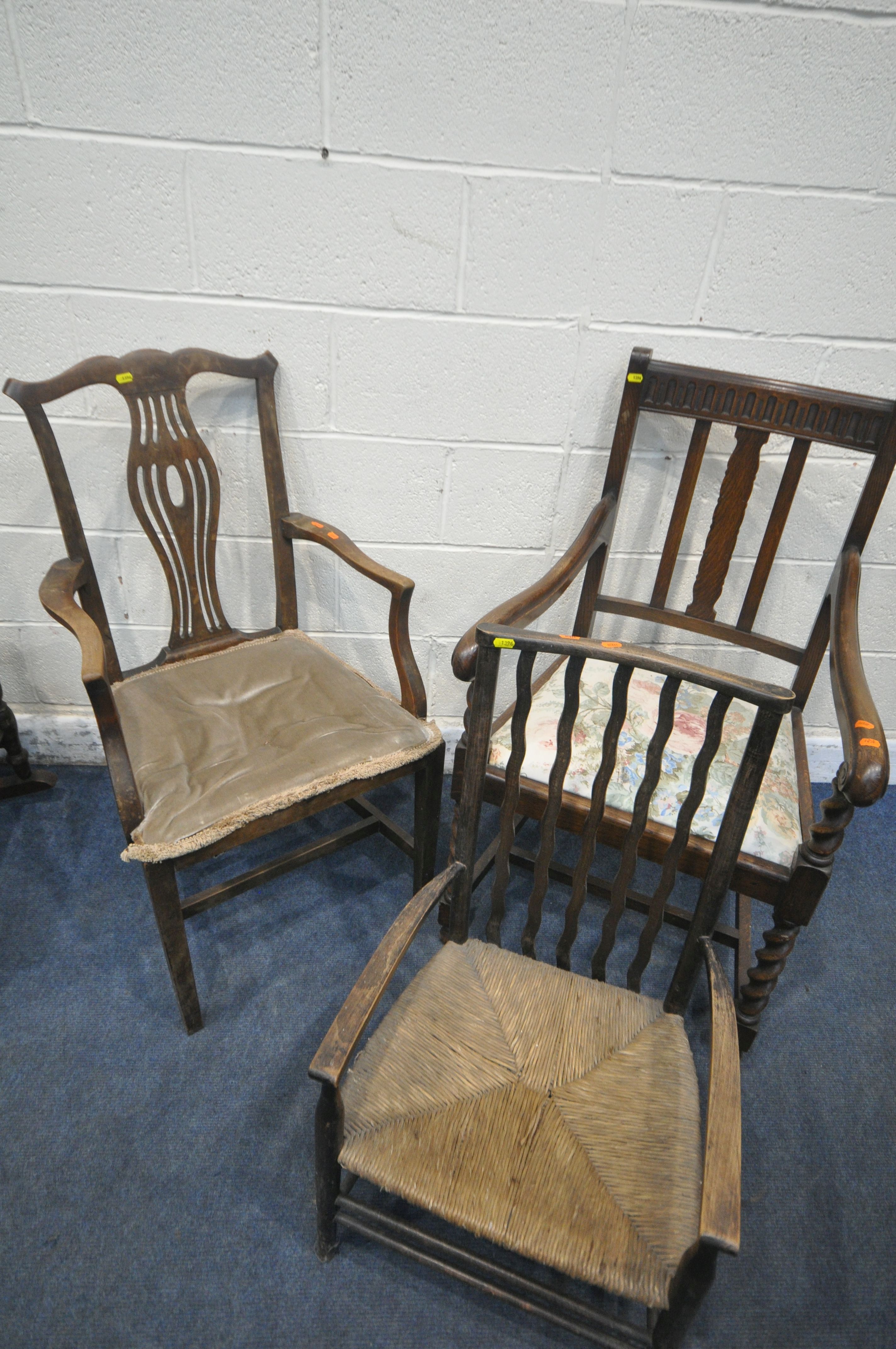 AN EDWARDIAN MAHOGANY BERGÈRE BACK ROCKING CHAIR, along with an oak open armchair, another - Image 3 of 4