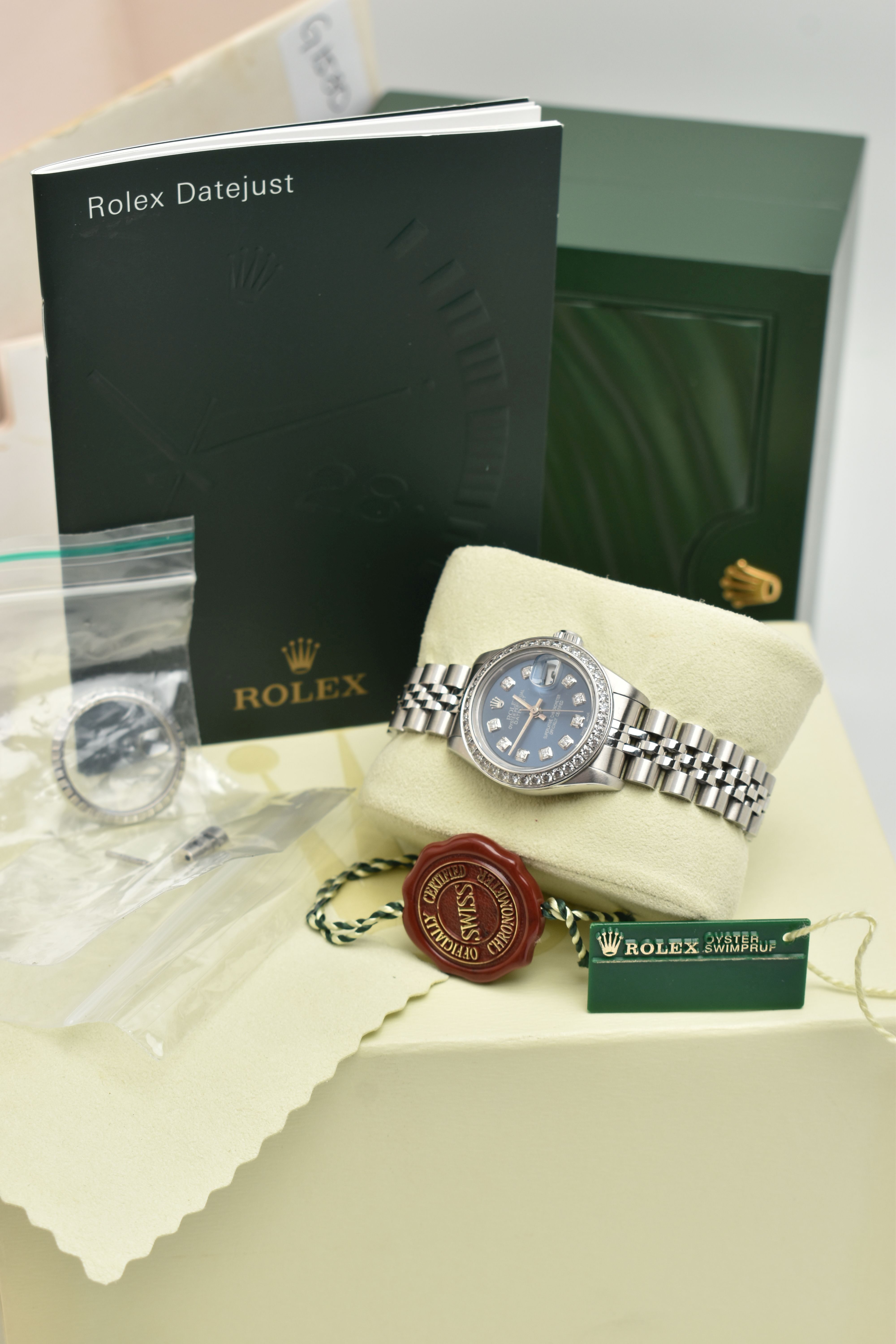 A LADIES BOXED 'ROLEX OYSTER PERPETUAL DATEJUST' WRISTWATCH, manual wind, round blue dial signed ' - Image 10 of 10