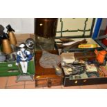 TWO BOXES, A PICNIC HAMPER AND LOOSE METALWARE AND SUNDRY ITEMS, to include vintage advertising tins