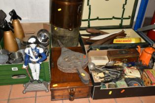 TWO BOXES, A PICNIC HAMPER AND LOOSE METALWARE AND SUNDRY ITEMS, to include vintage advertising tins