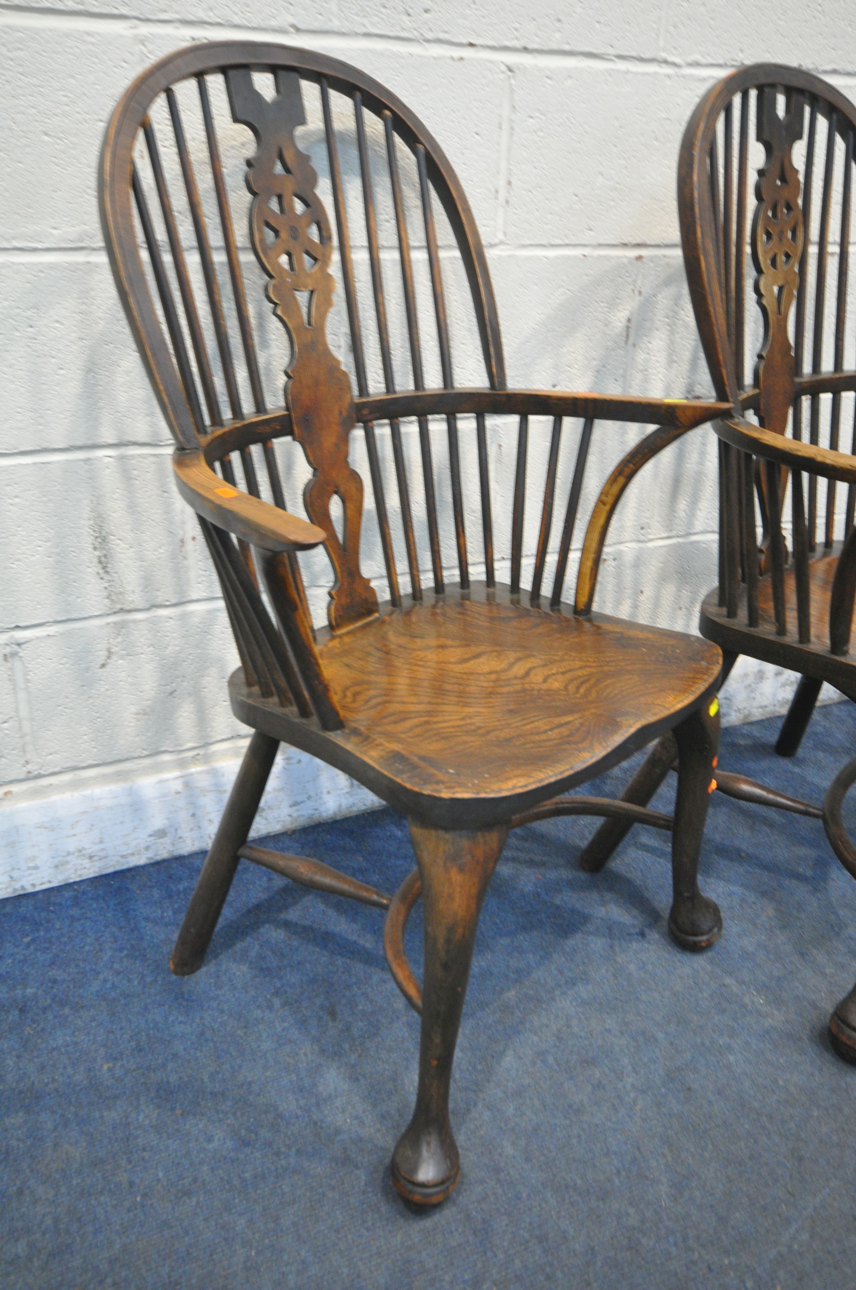 A SET OF FOUR EARLY 20TH CENTURY ELM AND BEECH HOOP BACK WINDSOR ARMCHAIR, with a wheel splat - Image 3 of 7