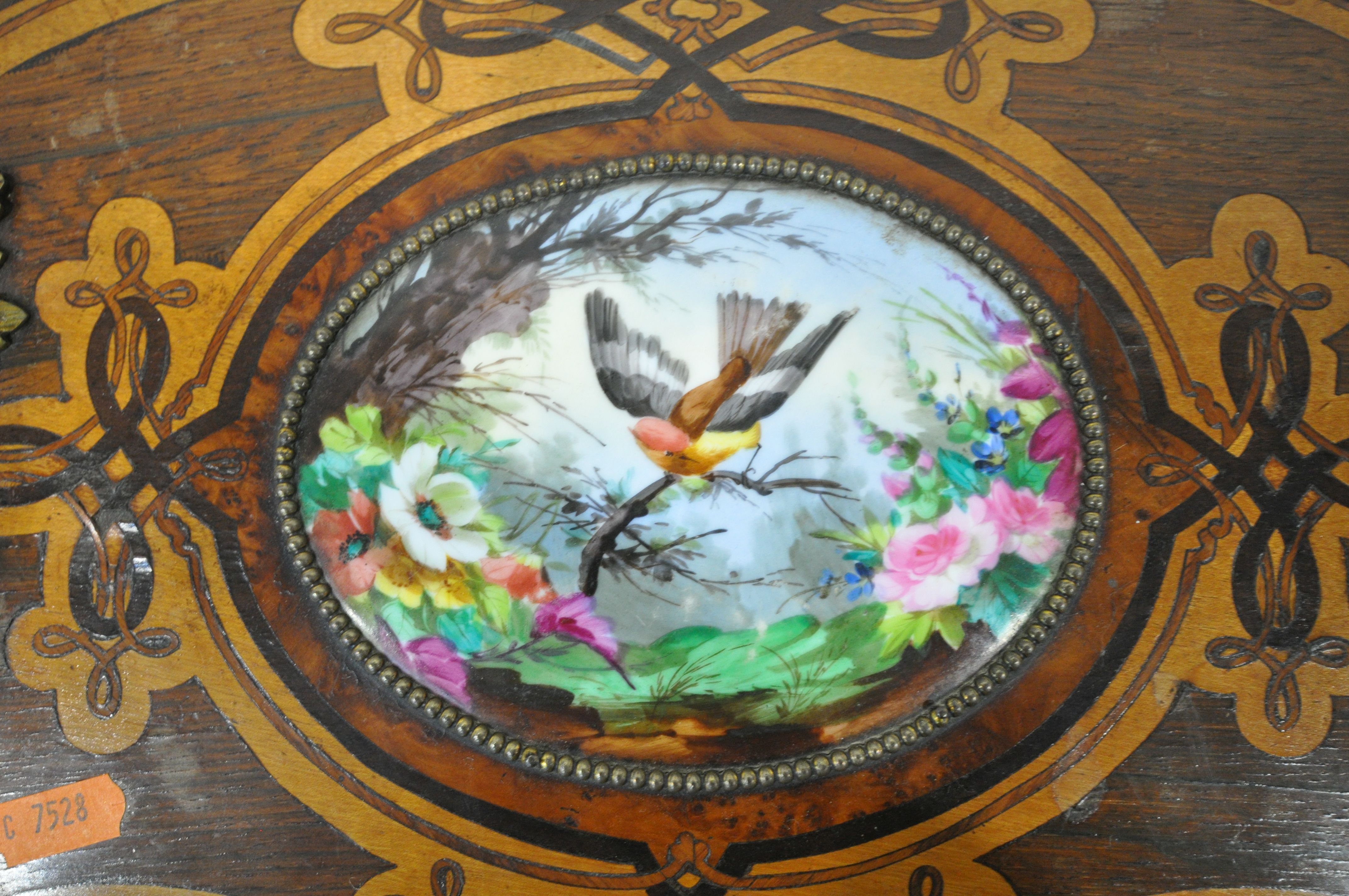 A LOUIS XV MARQUETRY INLAID SERPENTINE PLANTER TABLE, the twin handled lid with a painted - Image 3 of 10