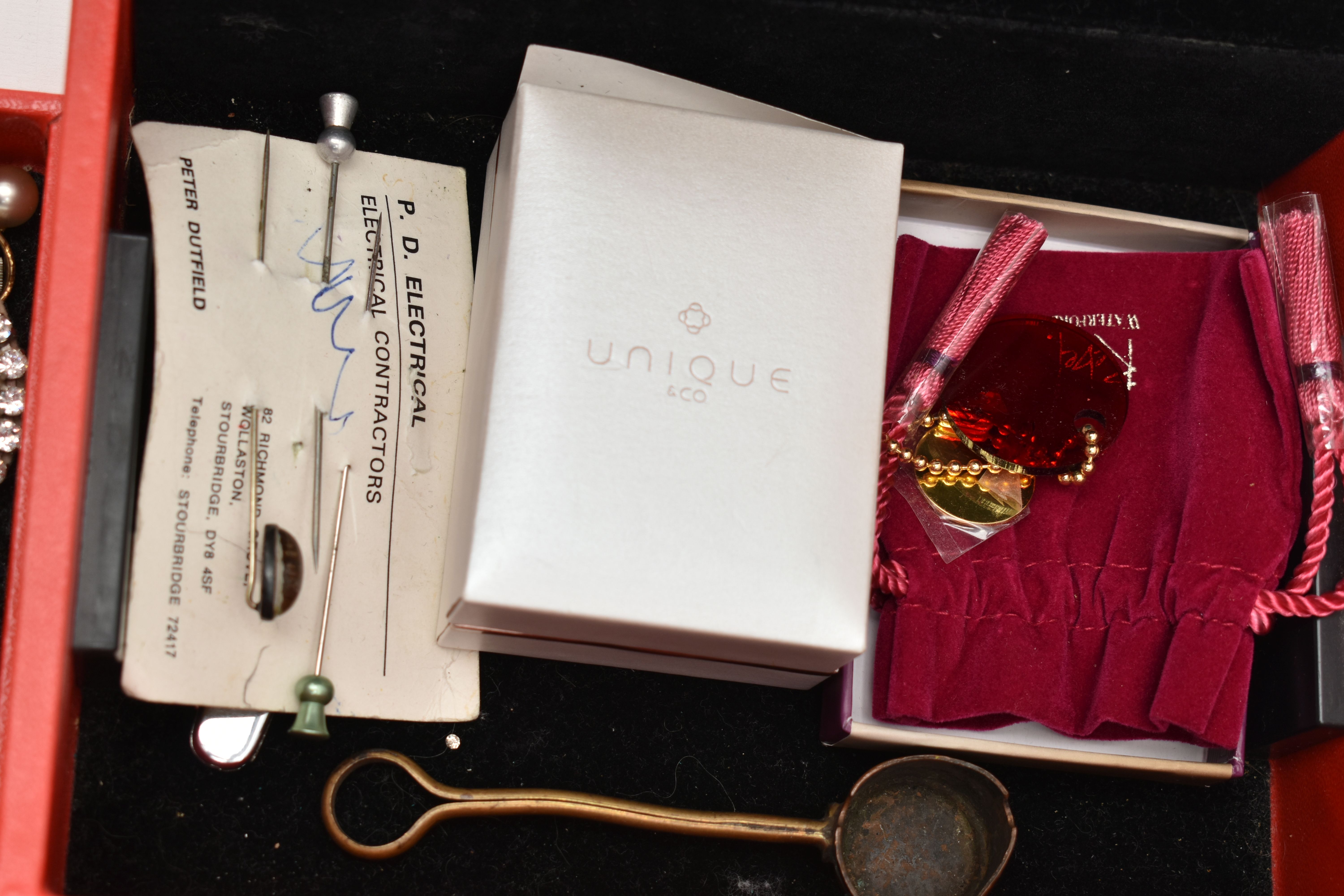 A BOX OF ASSORTED ITEMS, to include a red jewellery box with contents of costume jewellery, stick - Image 7 of 7