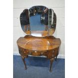 AN EARLY 20TH CENTURY MAHOGANY DEMI-LUNE DRESSING TABLE, with triple dressing mirror, fitted with