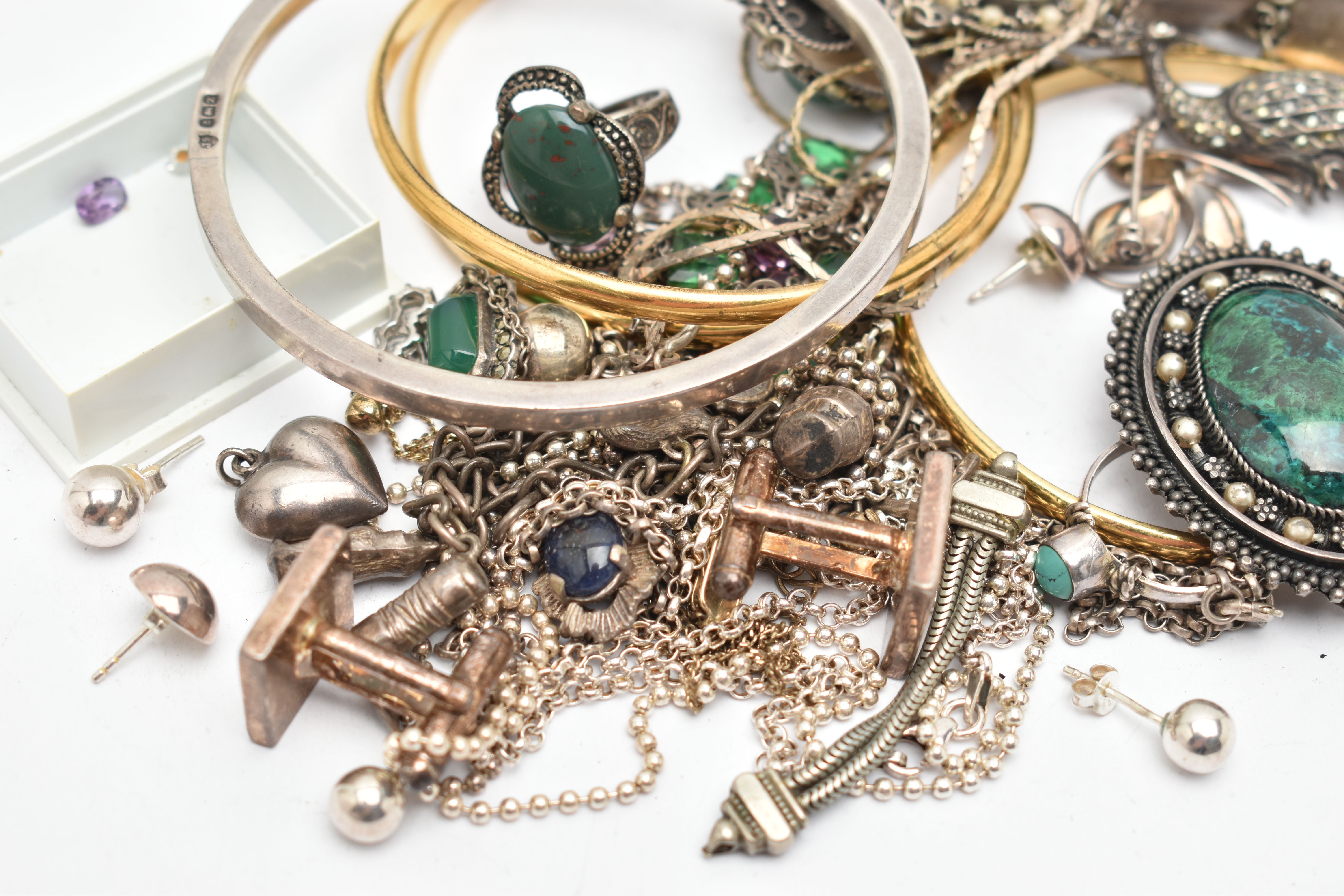 A SMALL BAG OF ASSORTED JEWELLERY, to include three rolled gold bangles, a silver bangle, hallmarked - Image 2 of 3
