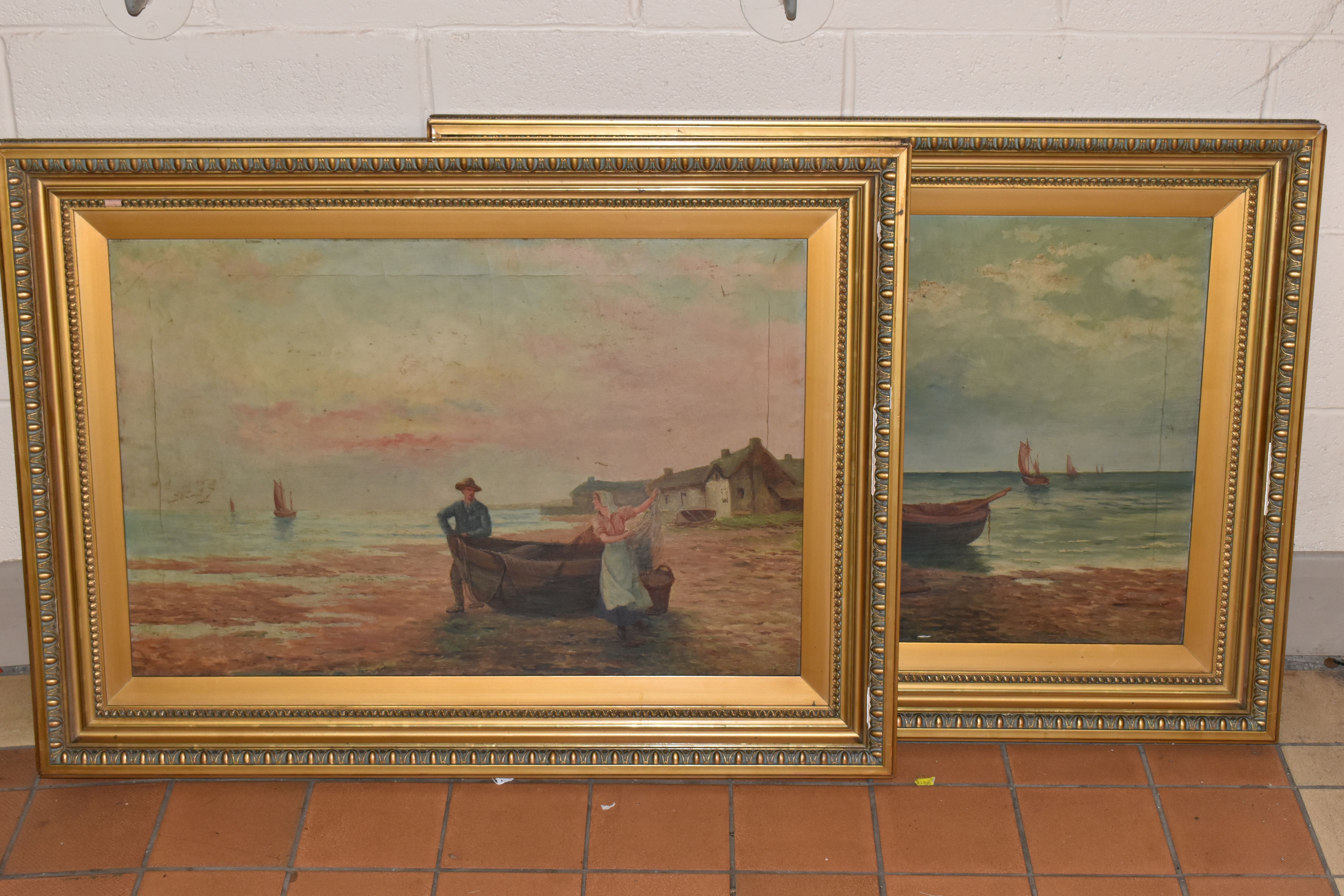 TWO UNSIGNED EARLY 20TH CENTURY COASTAL LANDSCAPES, the first depicts three figures on a beach