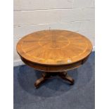 A 19TH CENTURY ROSEWOOD AND PARQUETRY INLAID CIRCULAR REVOLVING DRUM TABLE, central starburst,