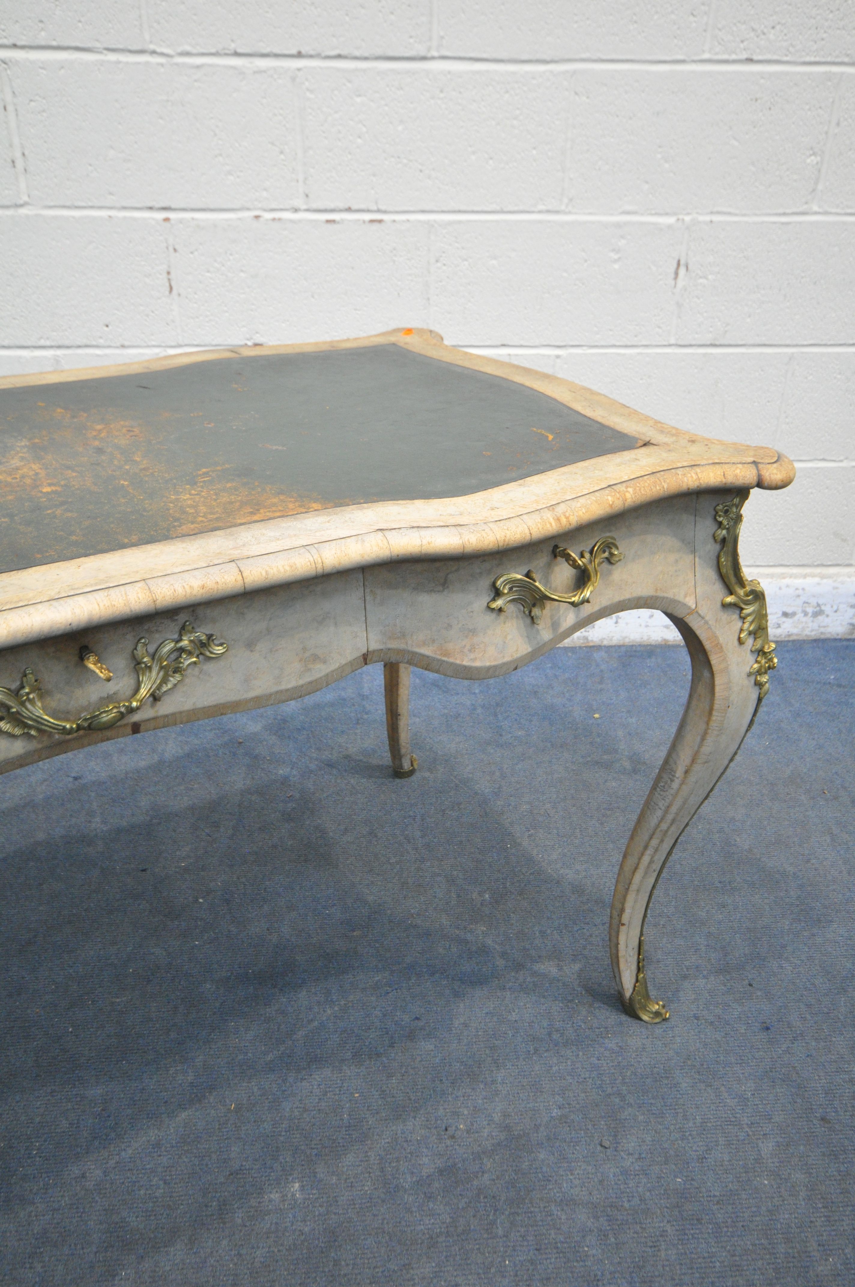 A LOUIS XVI STYLE BURR WALNUT AND CROSSBANDED SERPENTINE WRITING TABLE, green leather writing - Image 2 of 9