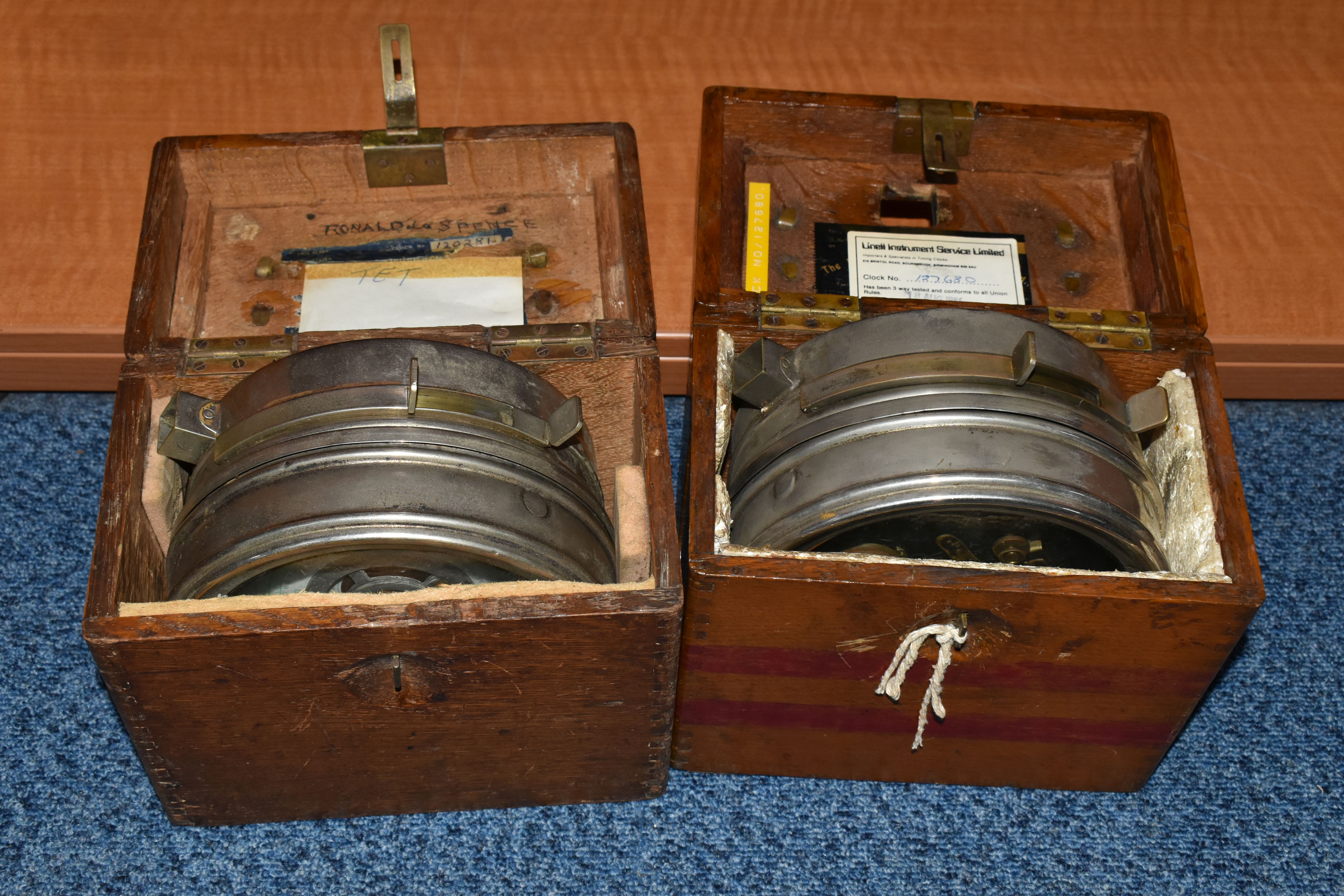 TWO VINTAGE OAK CASED PIGEON CLOCKS, one with Toulet branding to glass, clock no.127680, the other - Image 5 of 6