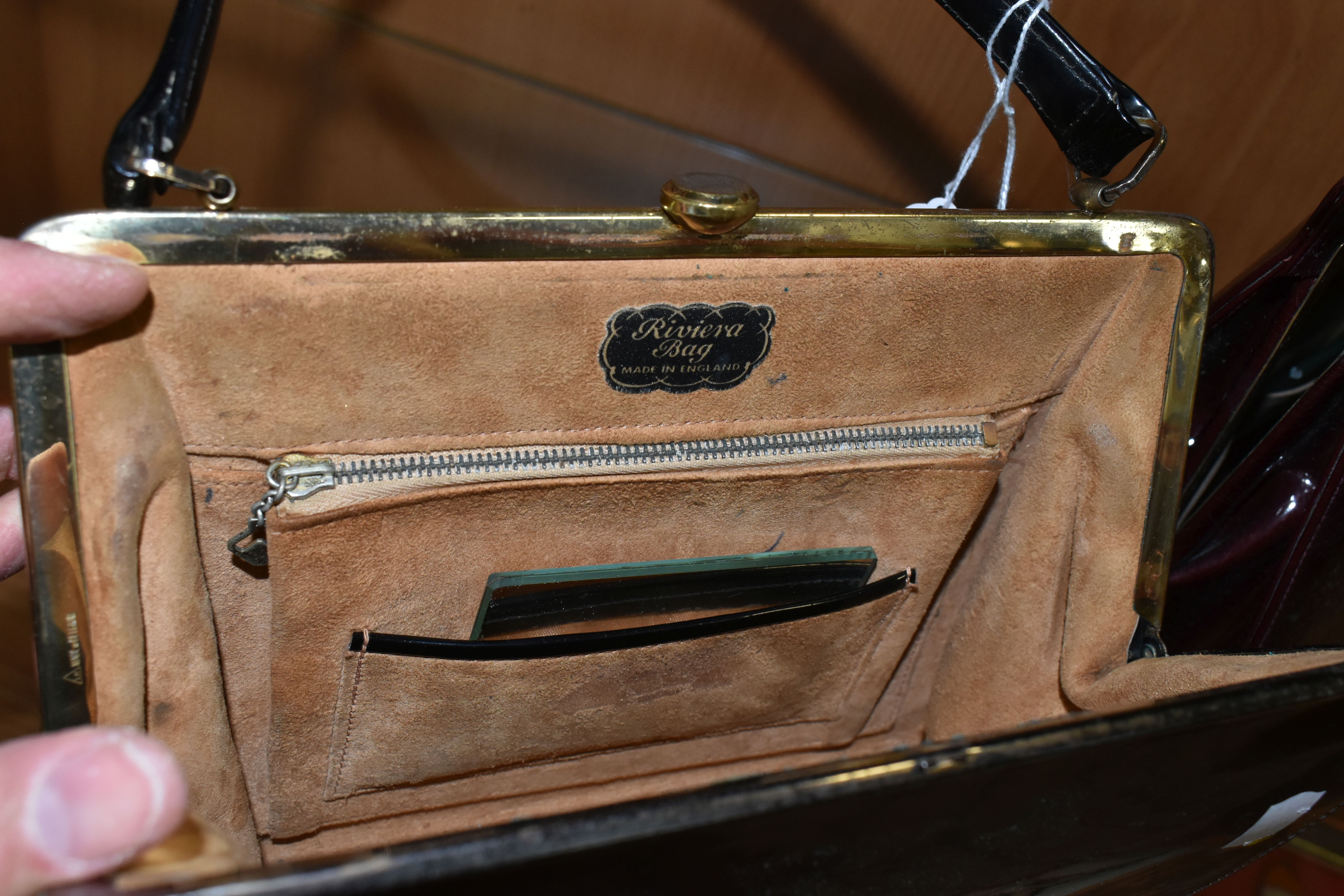 THREE LADIES' VINTAGE HANDBAGS, comprising a brown French faux Croc bag, a claret patent leather - Image 11 of 12