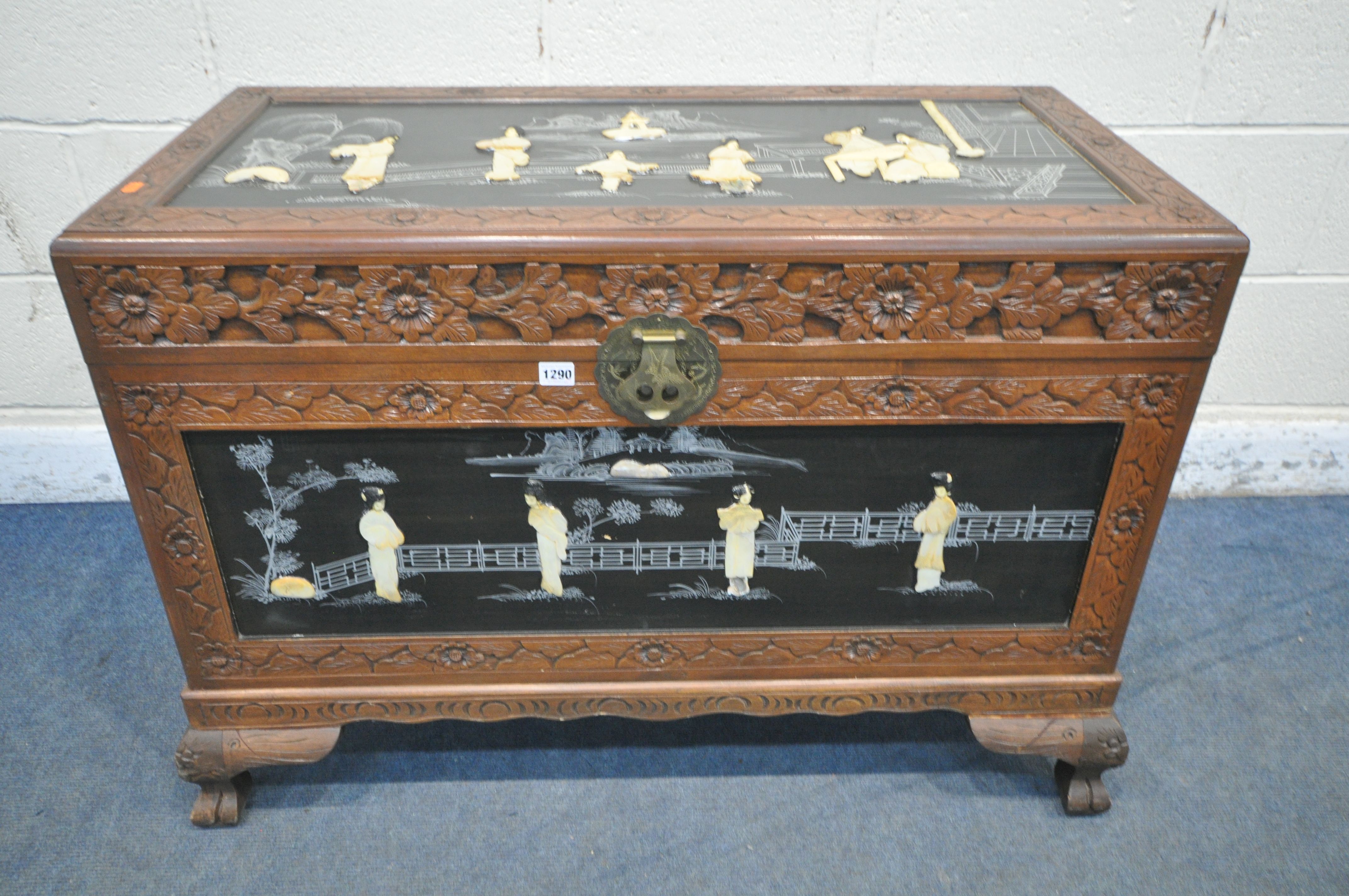 A 20TH CENTURY CHINESE CAMPHORWOOD BLANKET CHEST, with chinoiserie decoration, width 107cm x depth - Image 2 of 6