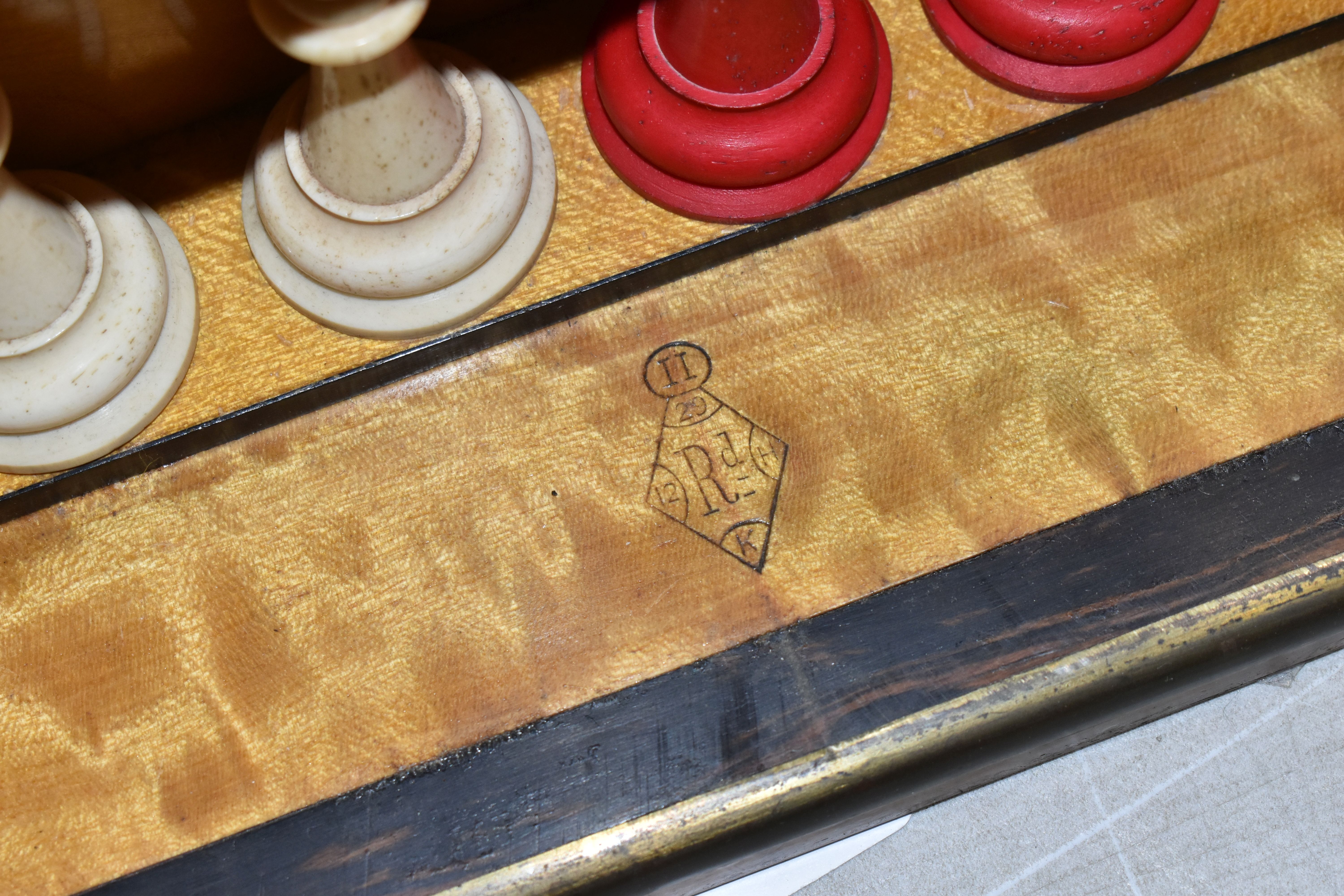 A VICTORIAN BURR WALNUT AND BRASS BOUND GAMES COMPENDIUM, the rectangular box with hinged lid with - Image 32 of 45