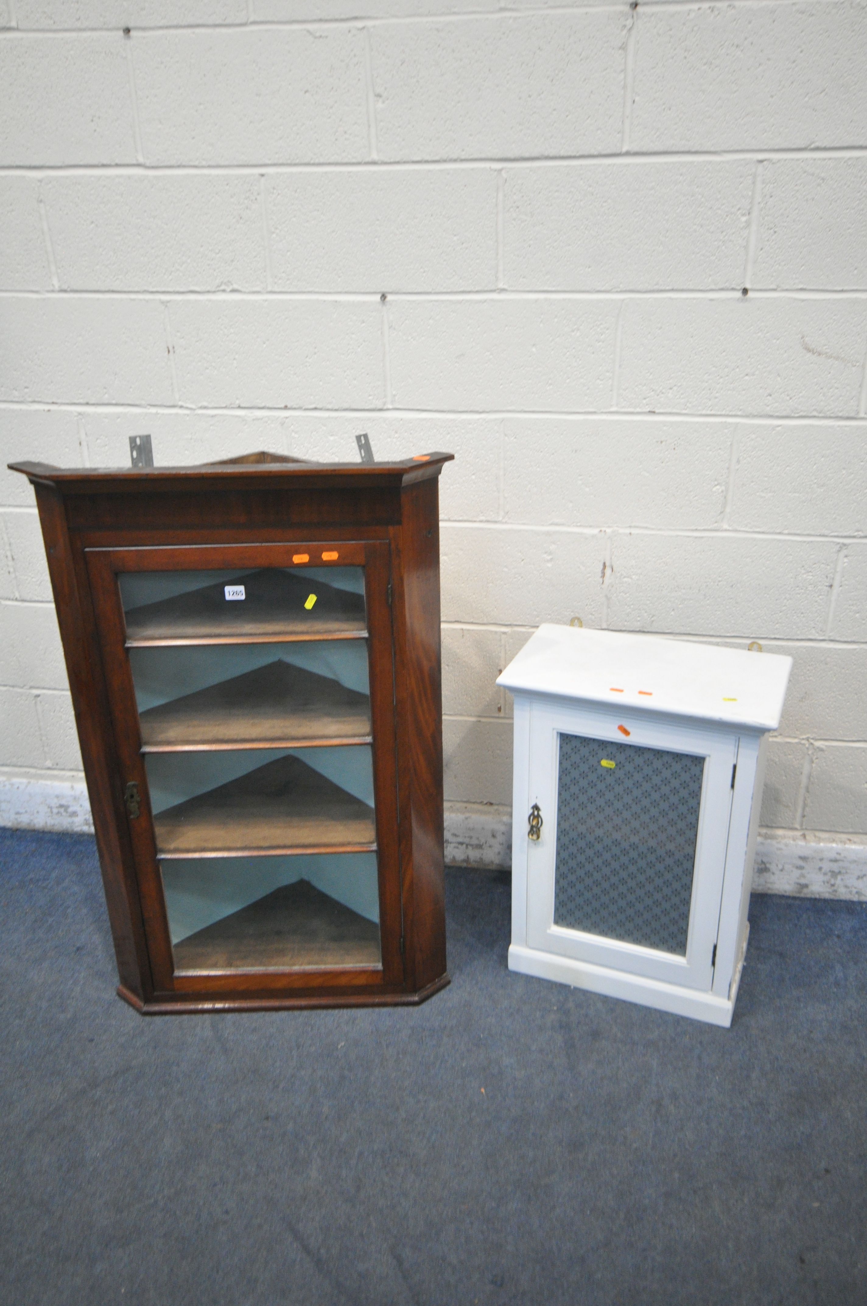 A GEORGIAN MAHOGANY GLAZED SINGLE DOOR CORNER CUPBOARD, and a painted single door unit (condition