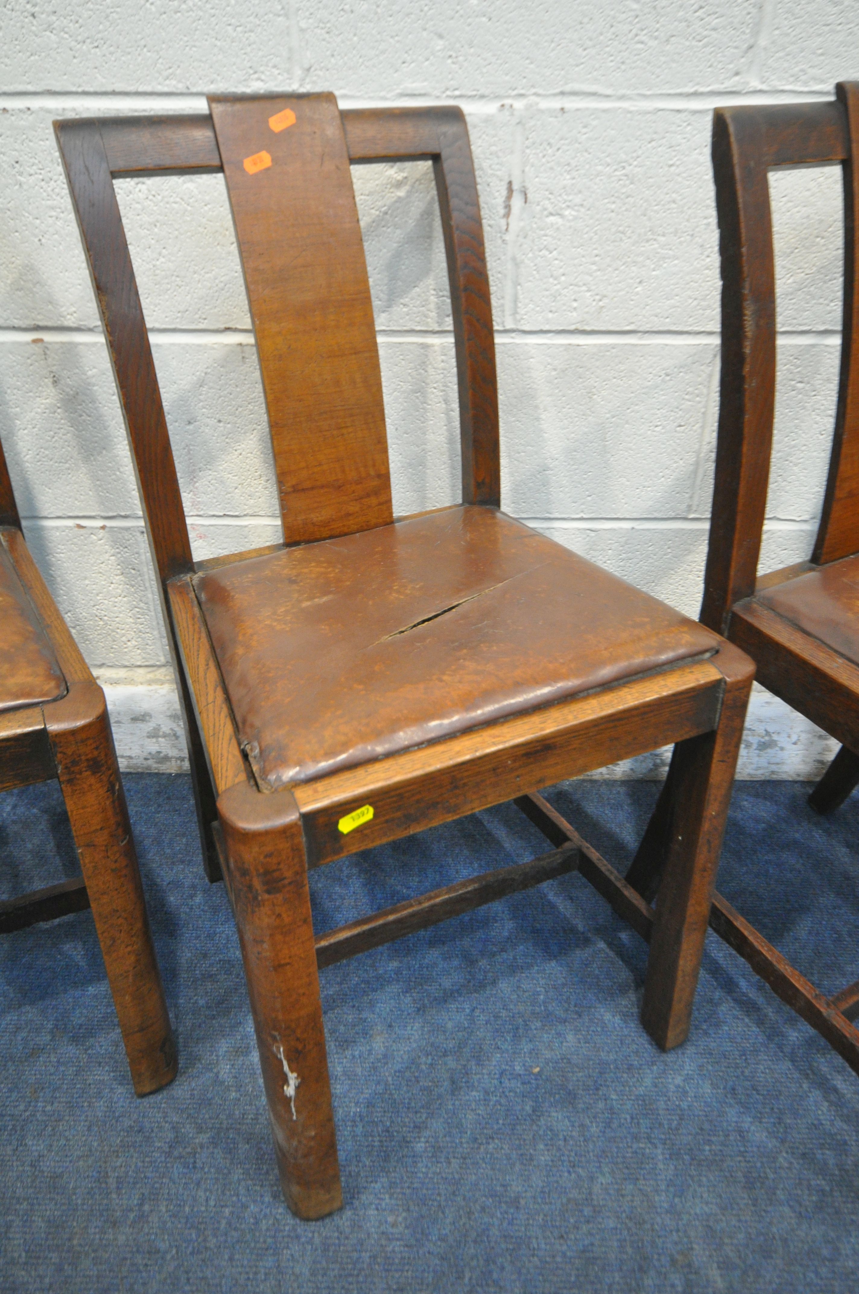 A SET OF FOUR ART DECO OAK DINING CHAIRS, with brown leather drop in seat pads (condition report: - Image 2 of 4