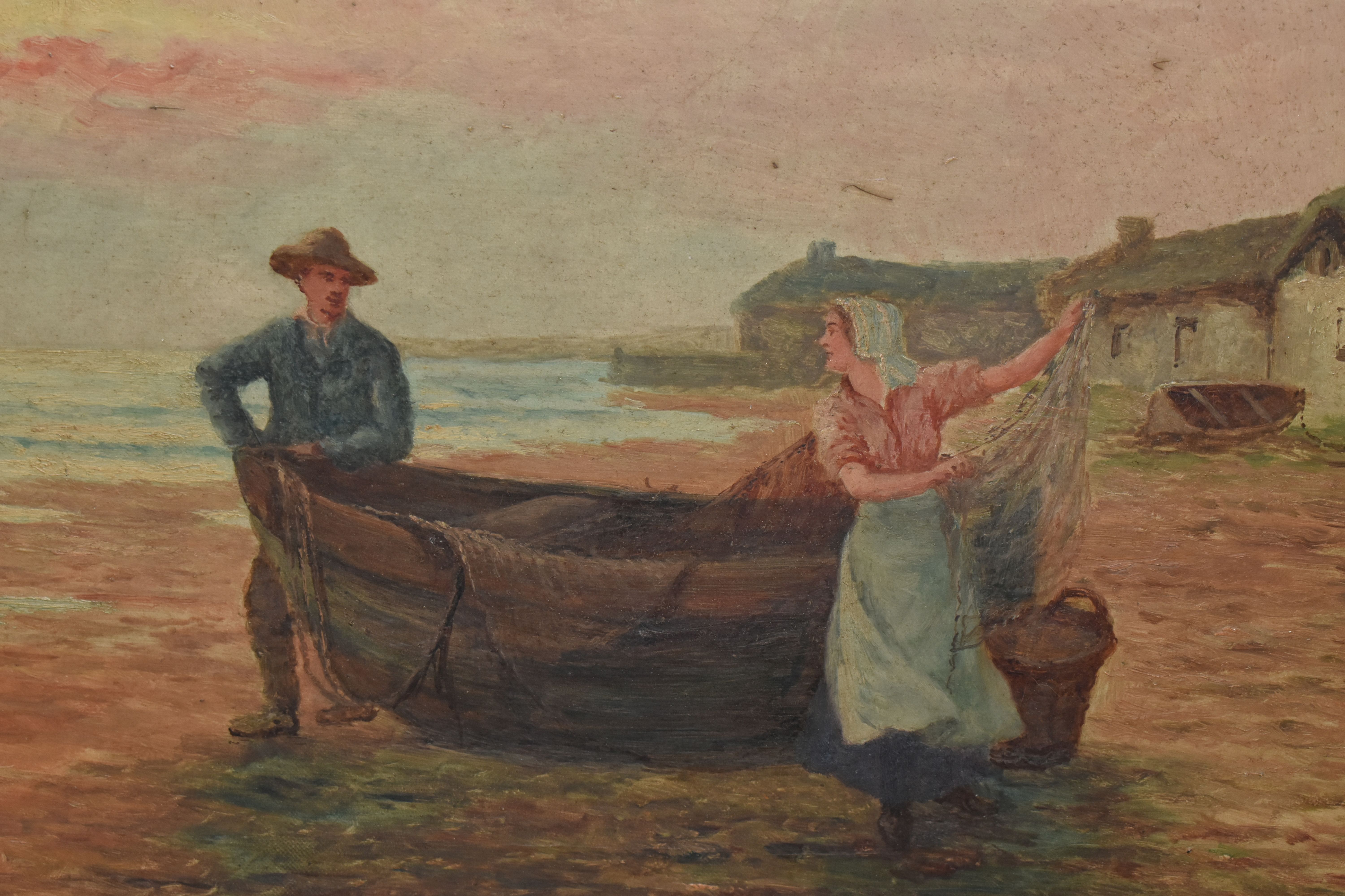 TWO UNSIGNED EARLY 20TH CENTURY COASTAL LANDSCAPES, the first depicts three figures on a beach - Image 3 of 11