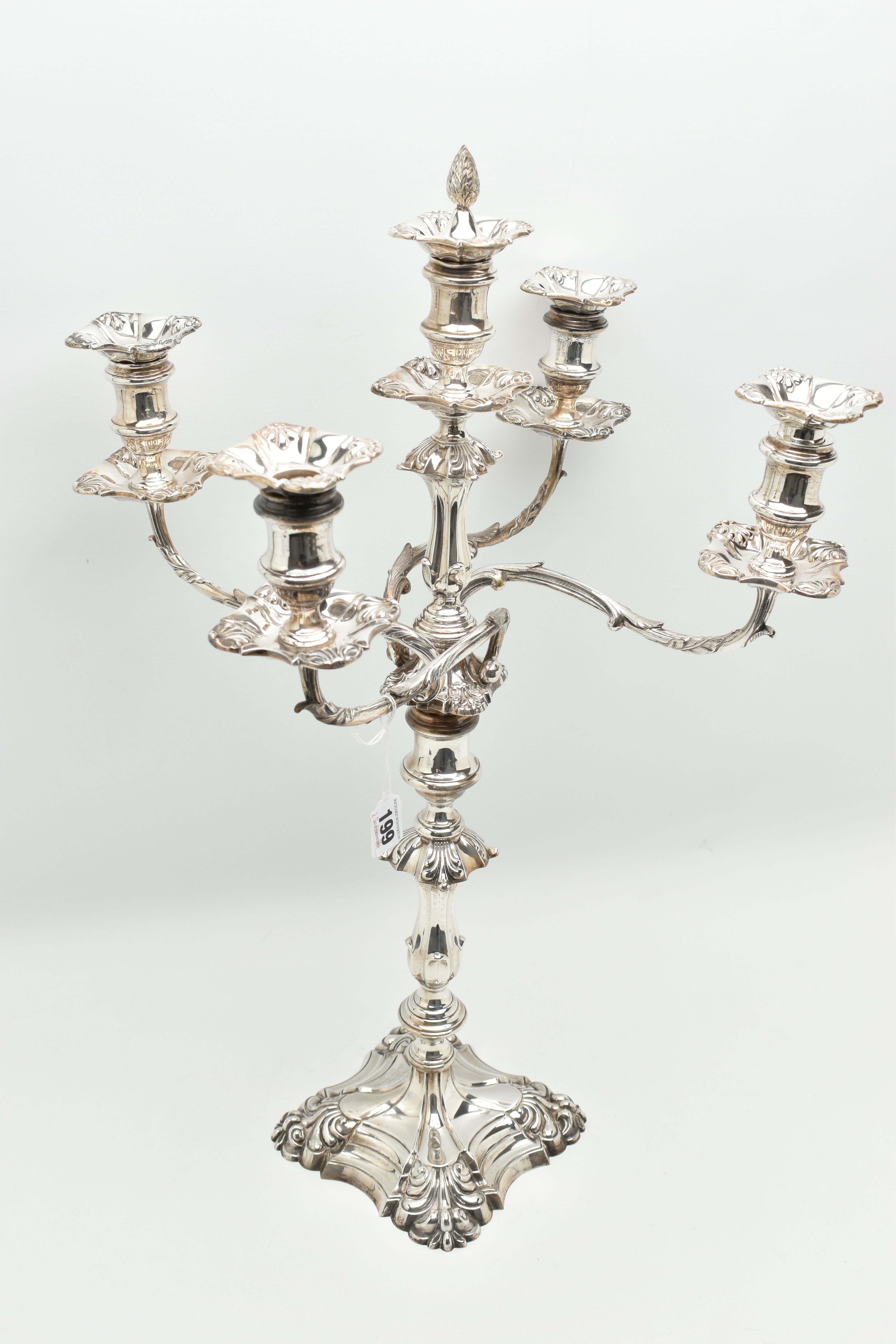 A GEORGE V SILVER FIVE LIGHT CANDELABRUM IN GEORGE II STYLE, with removable shaped square drip pans, - Image 2 of 13