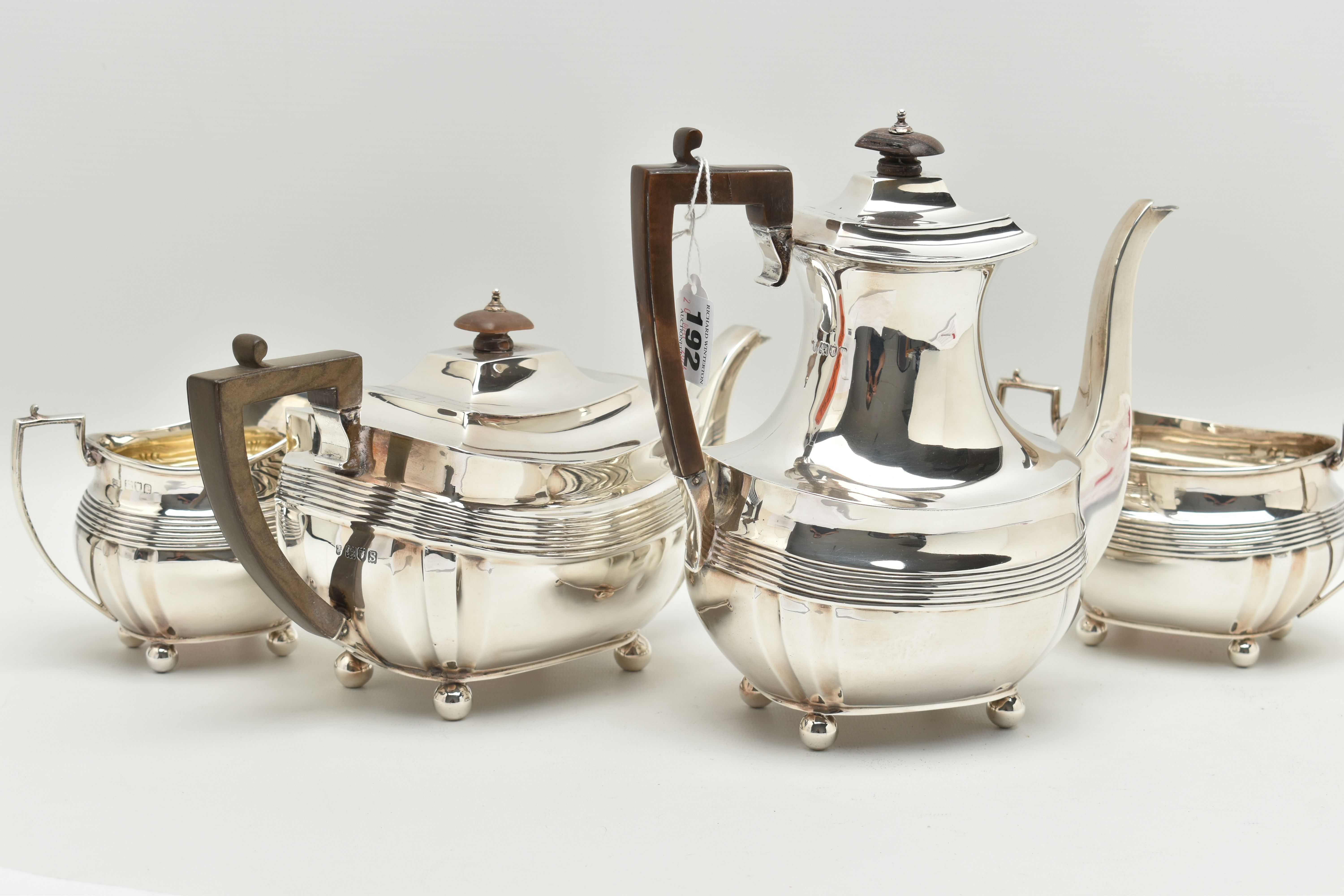 A GEORGE V SILVER FOUR PIECE TEA SERVICE OF SHAPED RECTANGULAR FORM, reeded horizonal band detail - Image 7 of 8