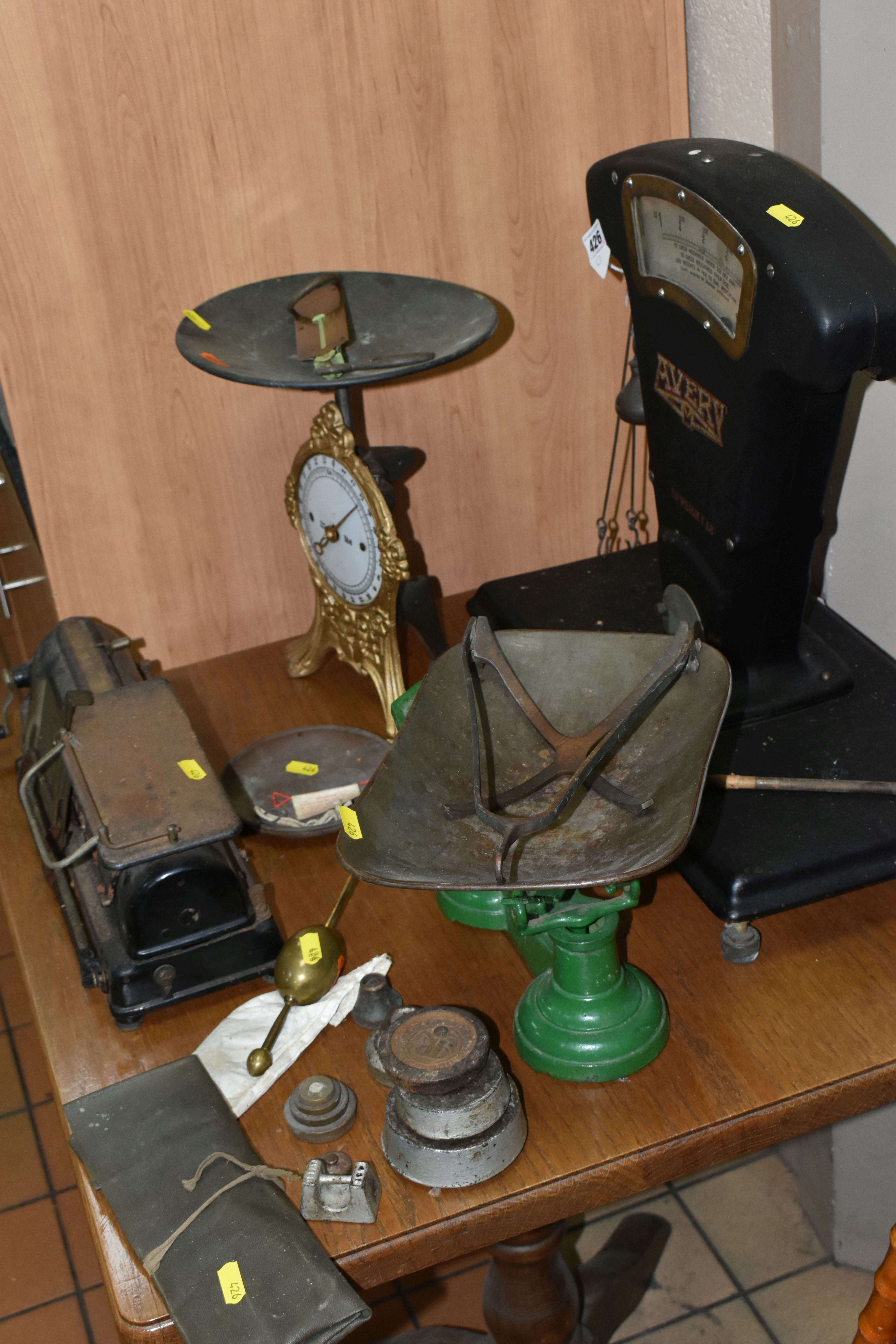 A COLLECTION OF SCALES, MEASURING EQUIPMENT, WEIGHTS, ETC, to include a large Avery Tobacco Scale, - Image 8 of 8