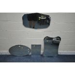 AN OVAL BEVELLED EDGE WALL MIRROR, a frameless mirror, along with two mirror panes (condition