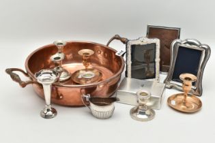 SILVER ITEMS AND A COPPER BOWL, to include a silver cigarette box, engine turned pattern with vacant
