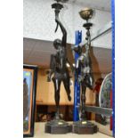 A PAIR OF BRONZE LAMPS DEPICTING GREEK DEITIES, 81cm including brass attachment in early 20th