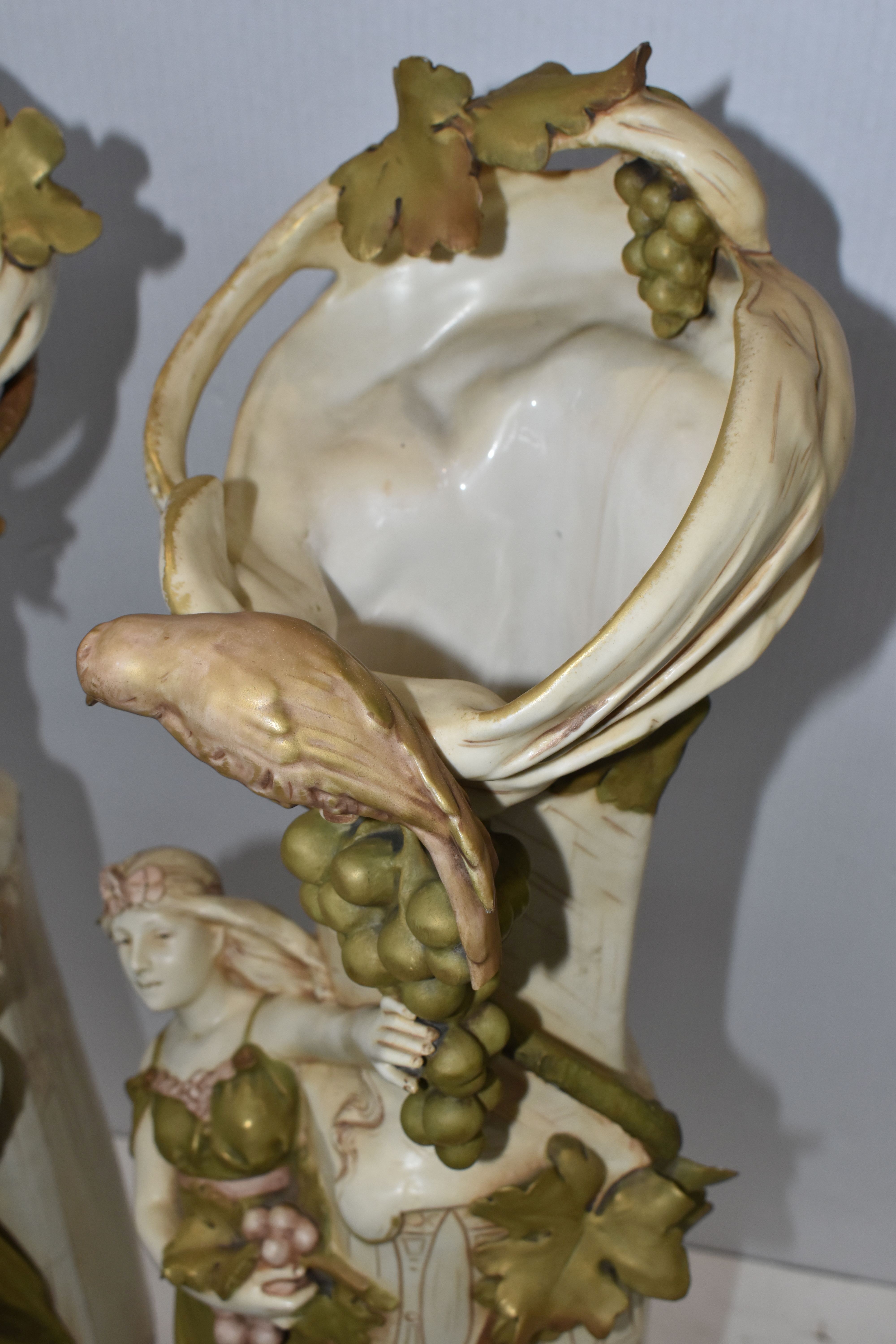 A PAIR OF ROYAL DUX ART NOUVEAU FIGURAL VASES, each modelled with a scrolling neck with fruiting - Image 5 of 21