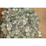 A CARDBOARD BOX CONTAINING OVER 7000 grams of mixed .500 silver coins (condition report: require