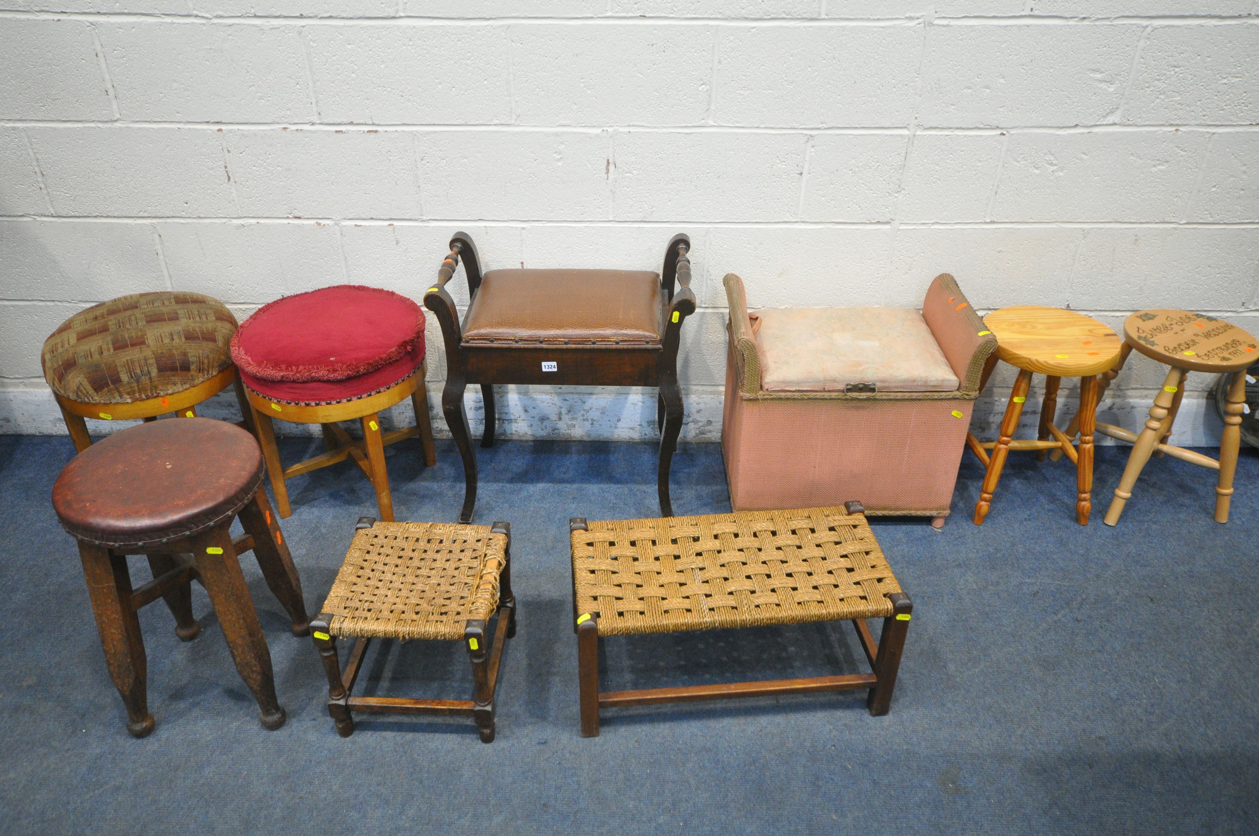 A SELECTION OF VARIOUS STOOLS, to include a piano stool, two cylindrical stools, two pine/beech