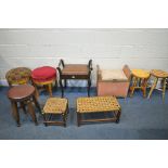 A SELECTION OF VARIOUS STOOLS, to include a piano stool, two cylindrical stools, two pine/beech