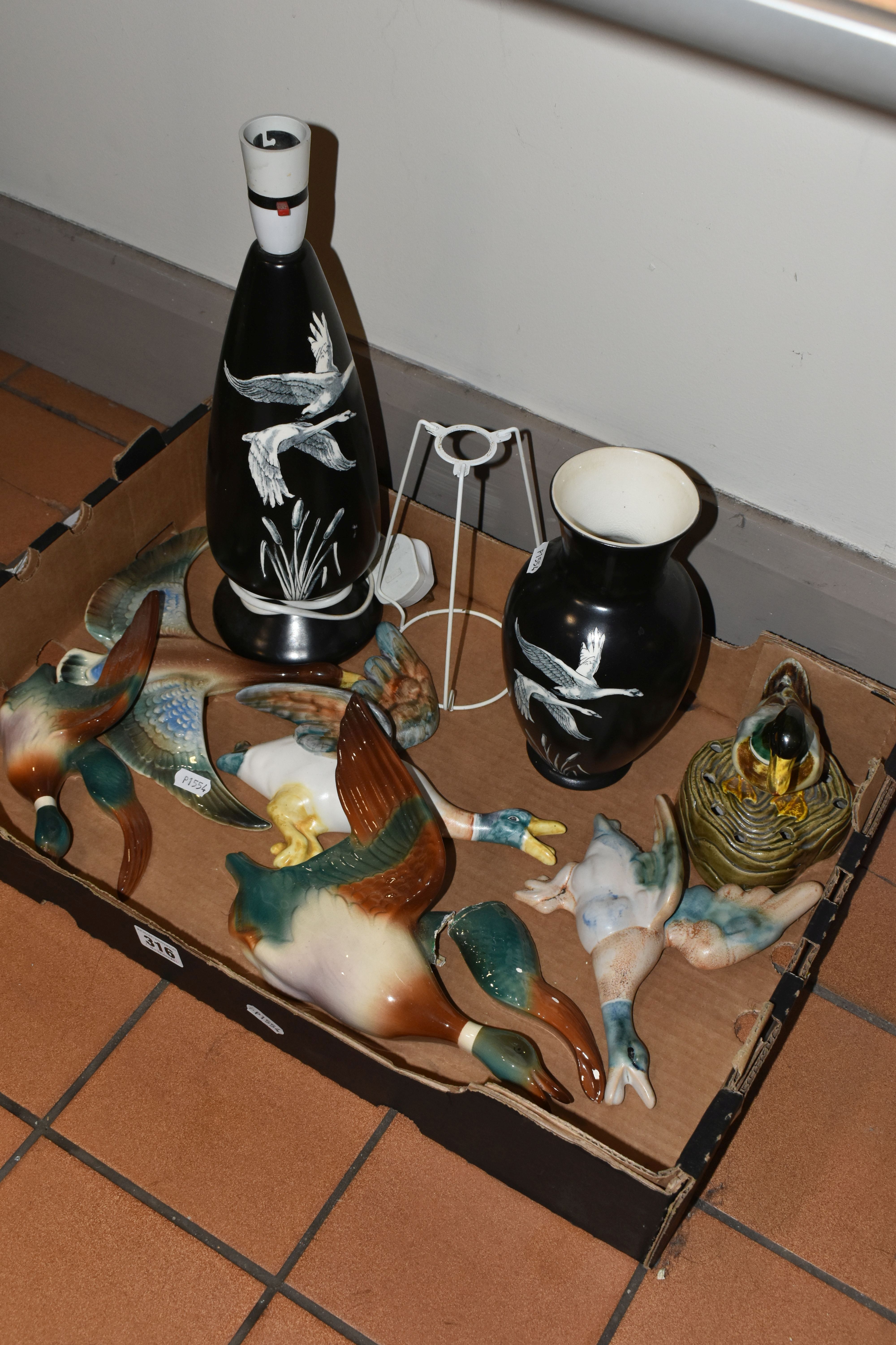 A BOX OF BIRD THEMED CERAMICS, to include a Crown Devon vase and matching table lamp base, decorated