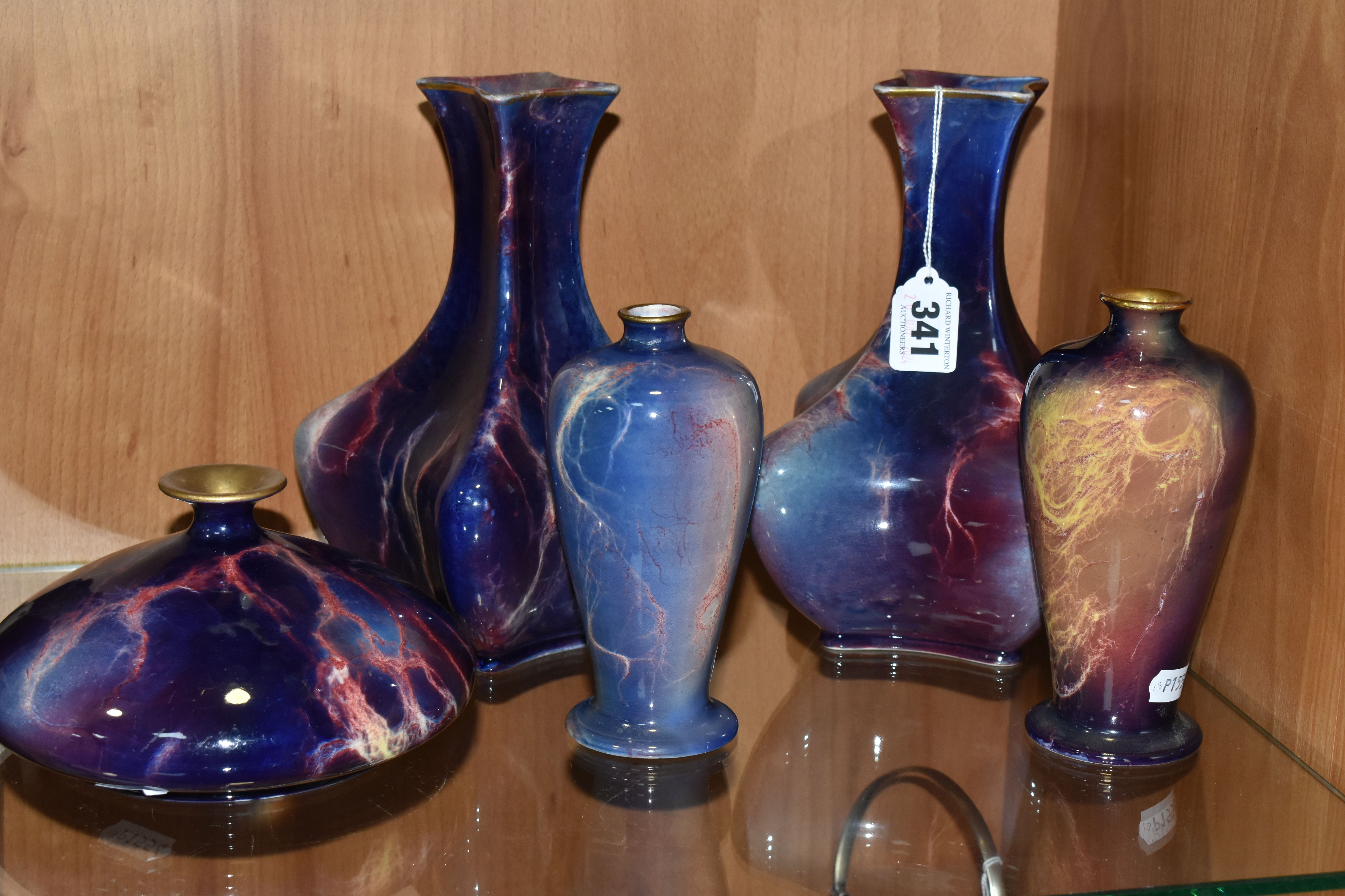 FIVE WILKINSON'S ROYAL STAFFS POTTERY ORIFLAMME VASES, with marbled purple and pink glazes,