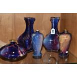 FIVE WILKINSON'S ROYAL STAFFS POTTERY ORIFLAMME VASES, with marbled purple and pink glazes,