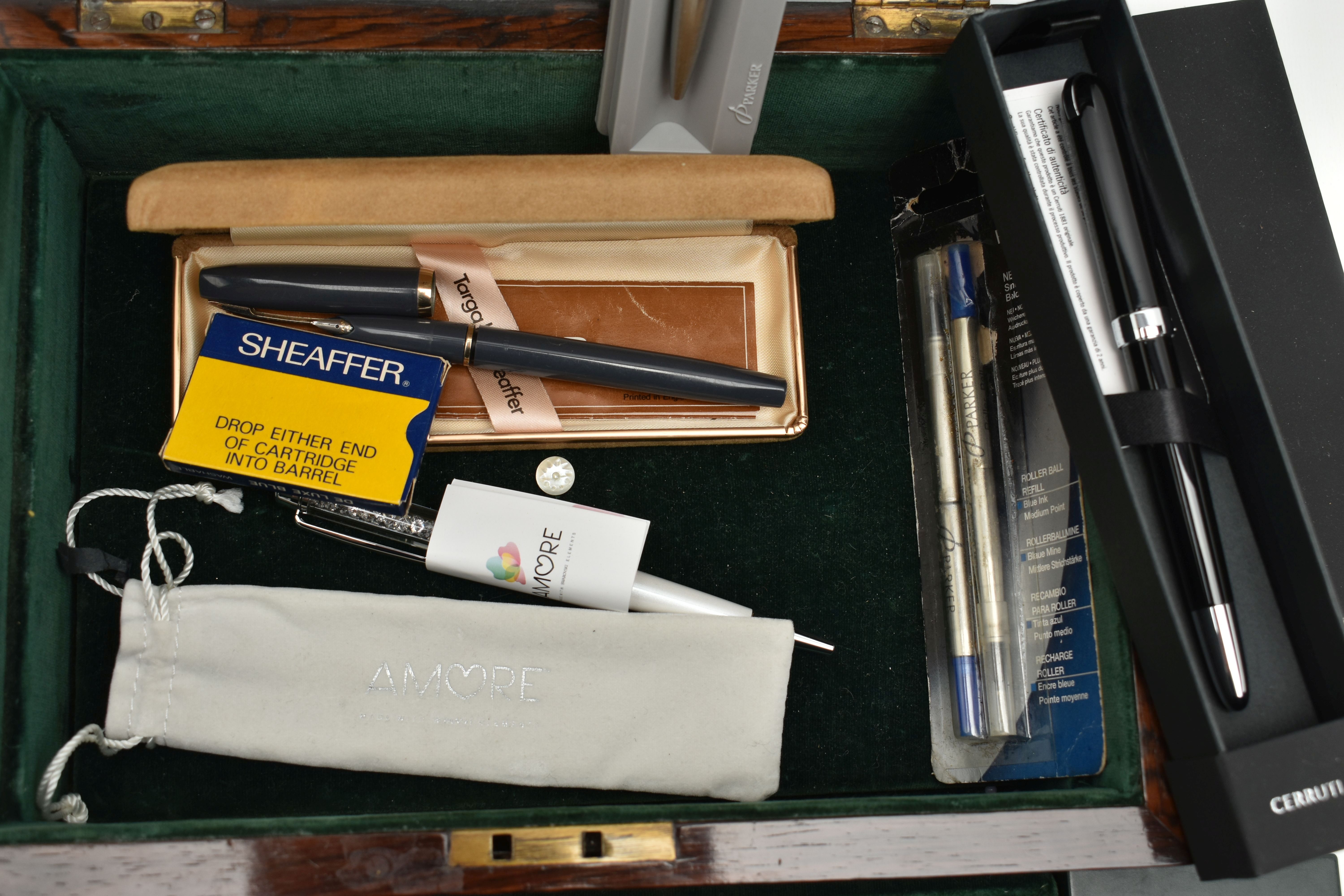 A WOODEN BOX WITH ASSORTED PENS, a hinged wooden box encasing a selection of fountain pens, names to - Image 4 of 5