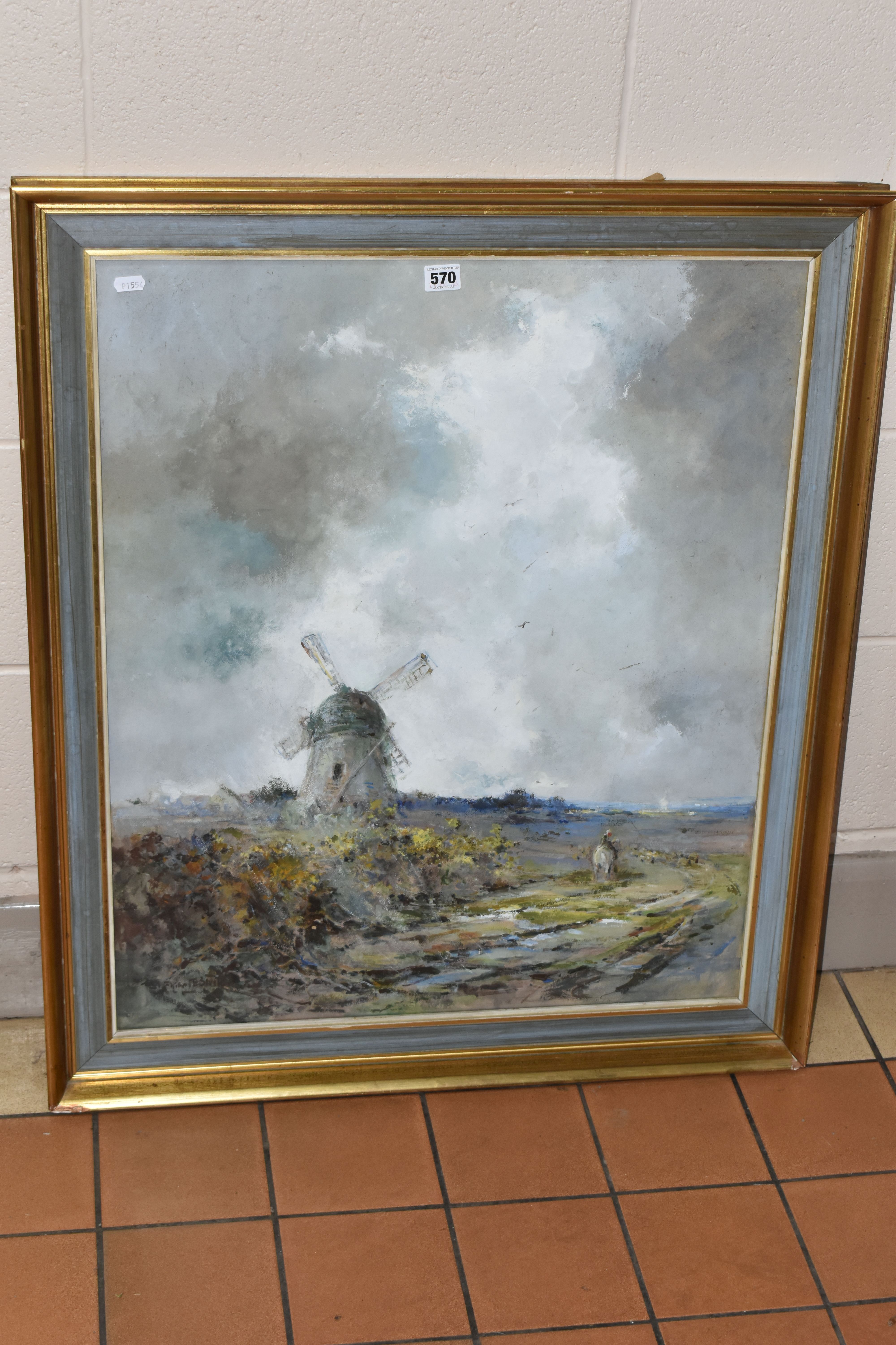 AN EARLY 20TH CENTURY LANDSCAPE WITH WINDMILL, a figure on horseback pass by a windmill in an