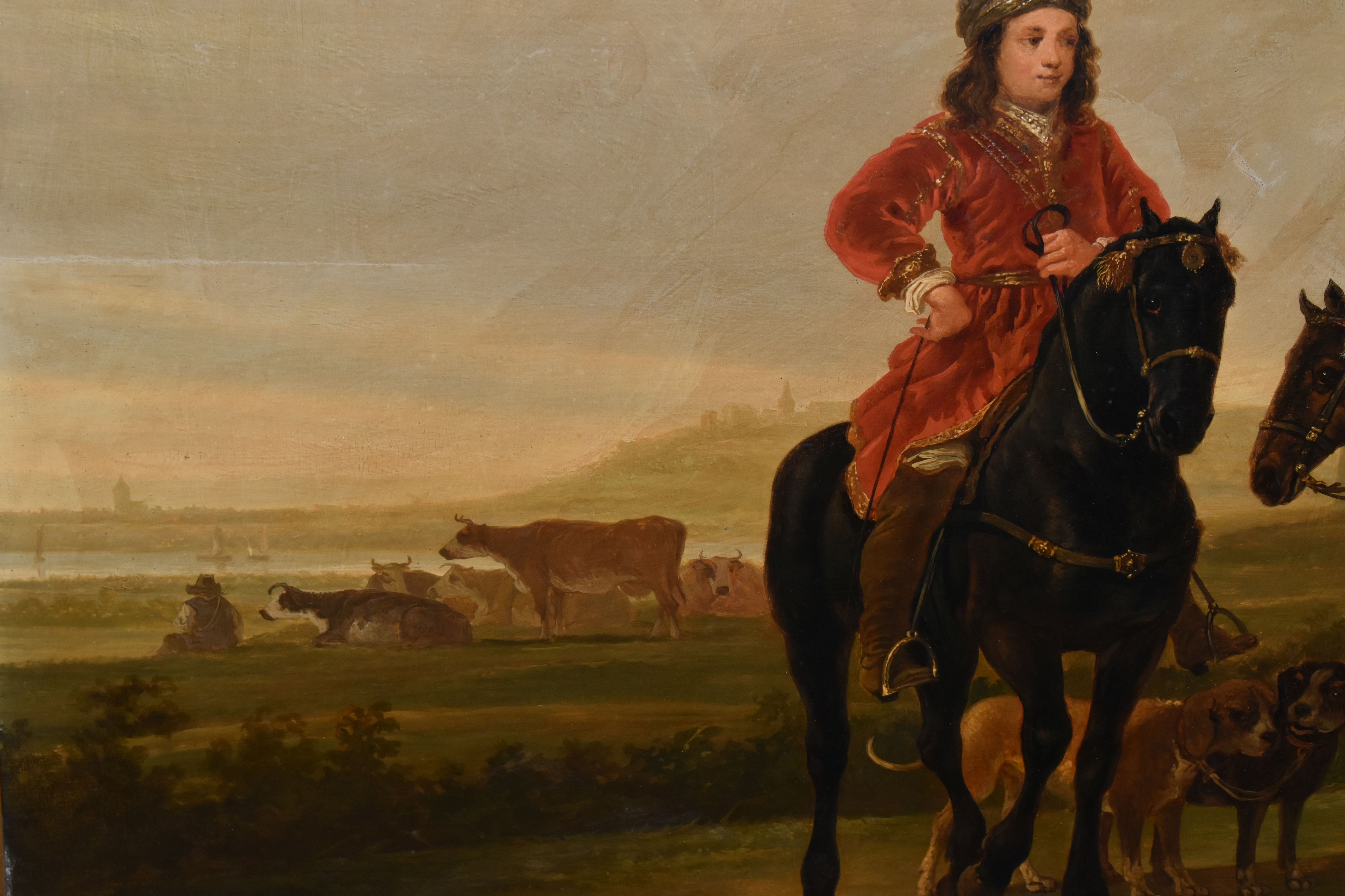 MANNER OF AELBERT CUYP 'LANDSCAPE WITH HUNTING PARTY', Dutch landscape with three men on - Image 4 of 8