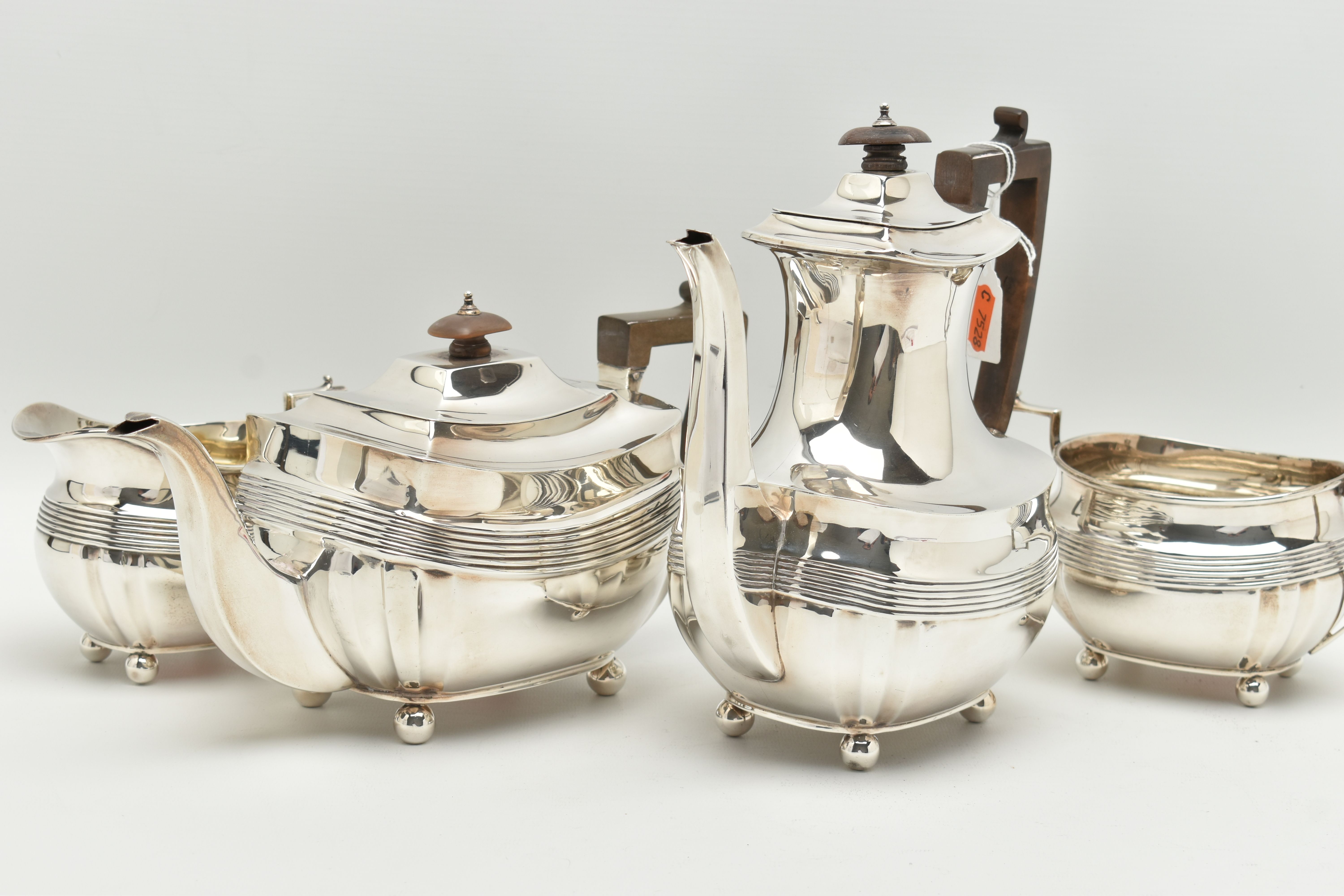 A GEORGE V SILVER FOUR PIECE TEA SERVICE OF SHAPED RECTANGULAR FORM, reeded horizonal band detail - Image 6 of 8