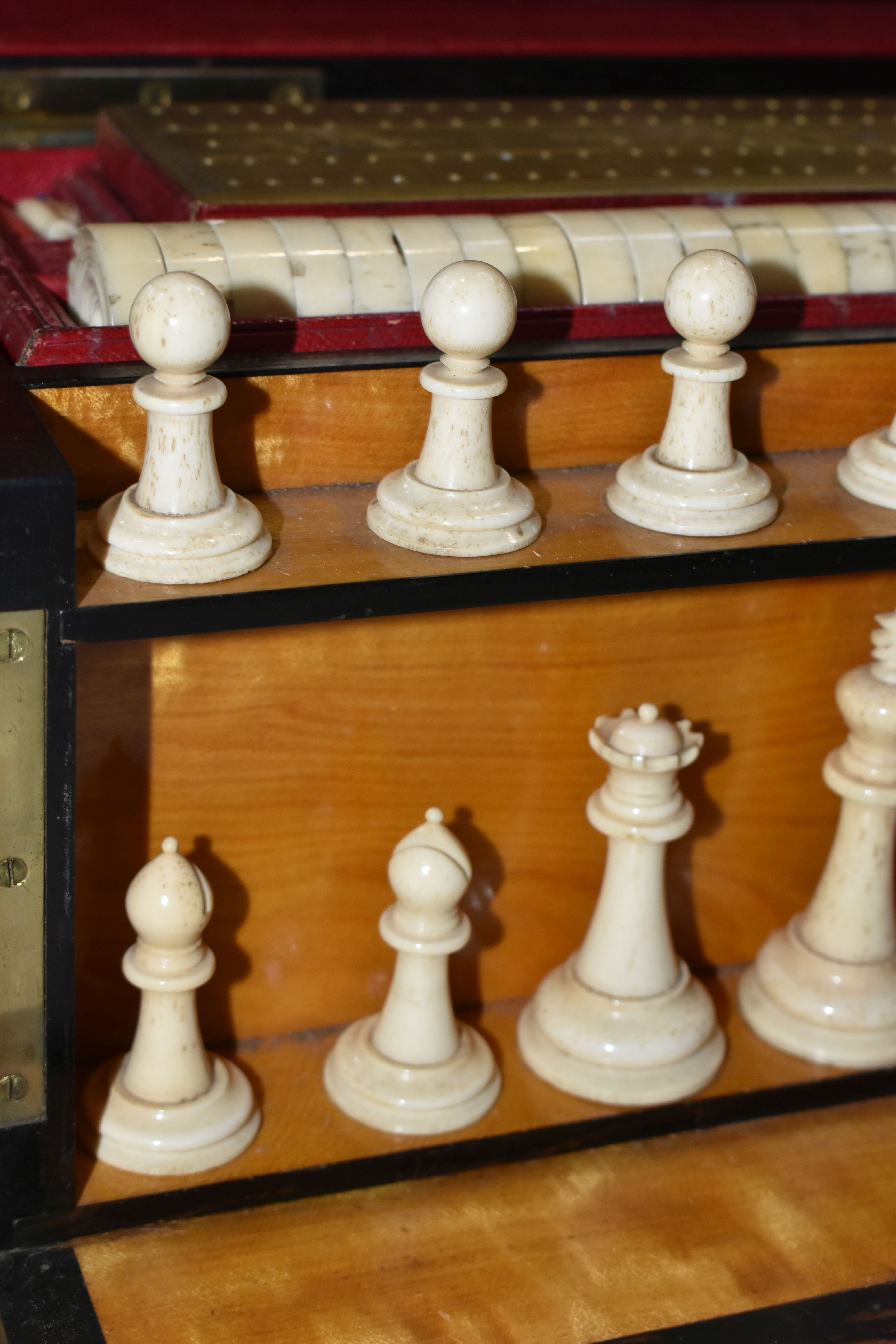 A VICTORIAN BURR WALNUT AND BRASS BOUND GAMES COMPENDIUM, the rectangular box with hinged lid with - Image 35 of 45