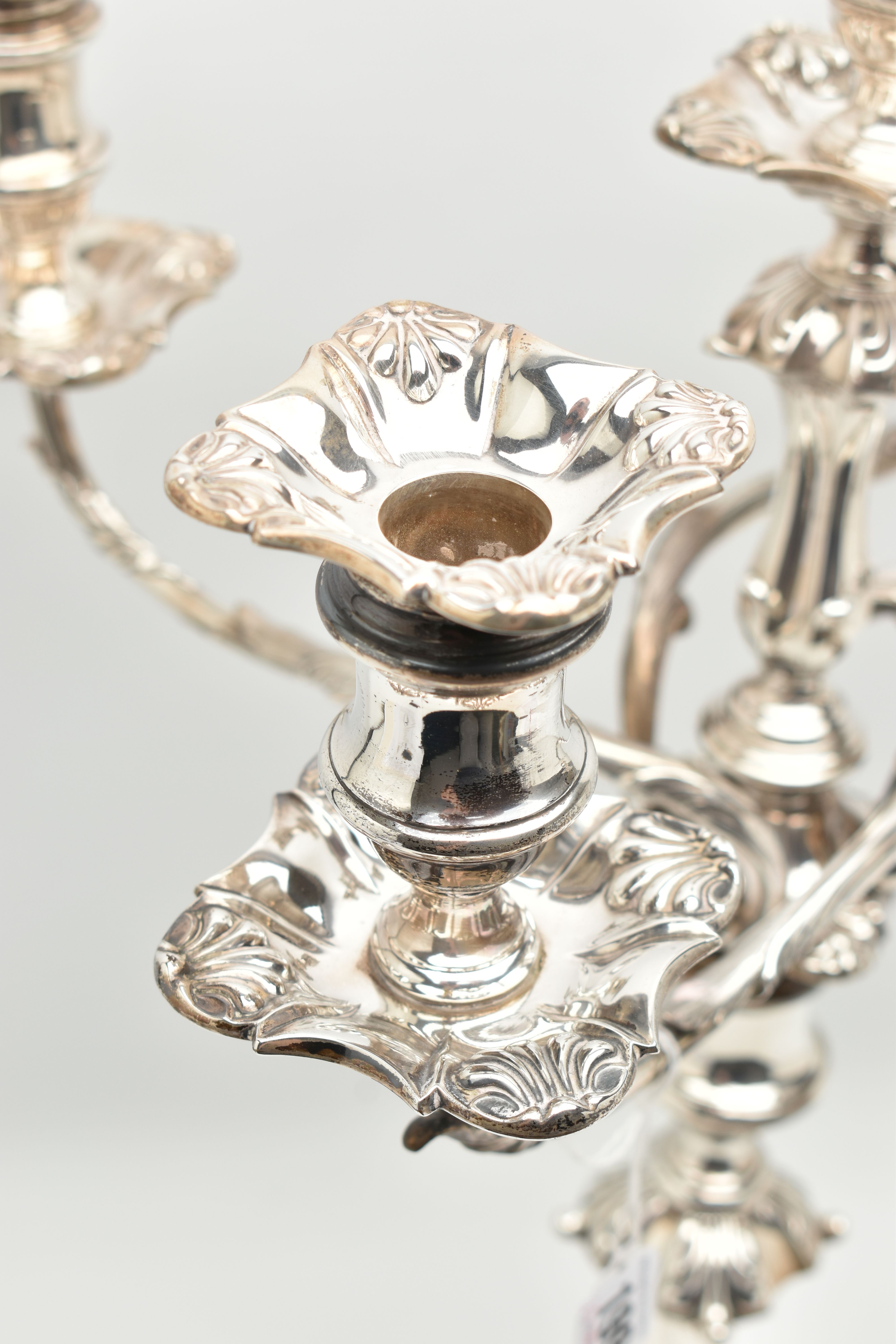 A GEORGE V SILVER FIVE LIGHT CANDELABRUM IN GEORGE II STYLE, with removable shaped square drip pans, - Image 3 of 13