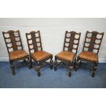 A SET OF EARLY 20TH CENTURY OAK DINING CHAIRS, with foliate backrests, brown leather seat pads,