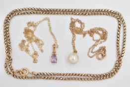 A CHAIN NECKLACE AND TWO PENDANT NECKLACES, the first a fancy link ball chain necklace, fitted