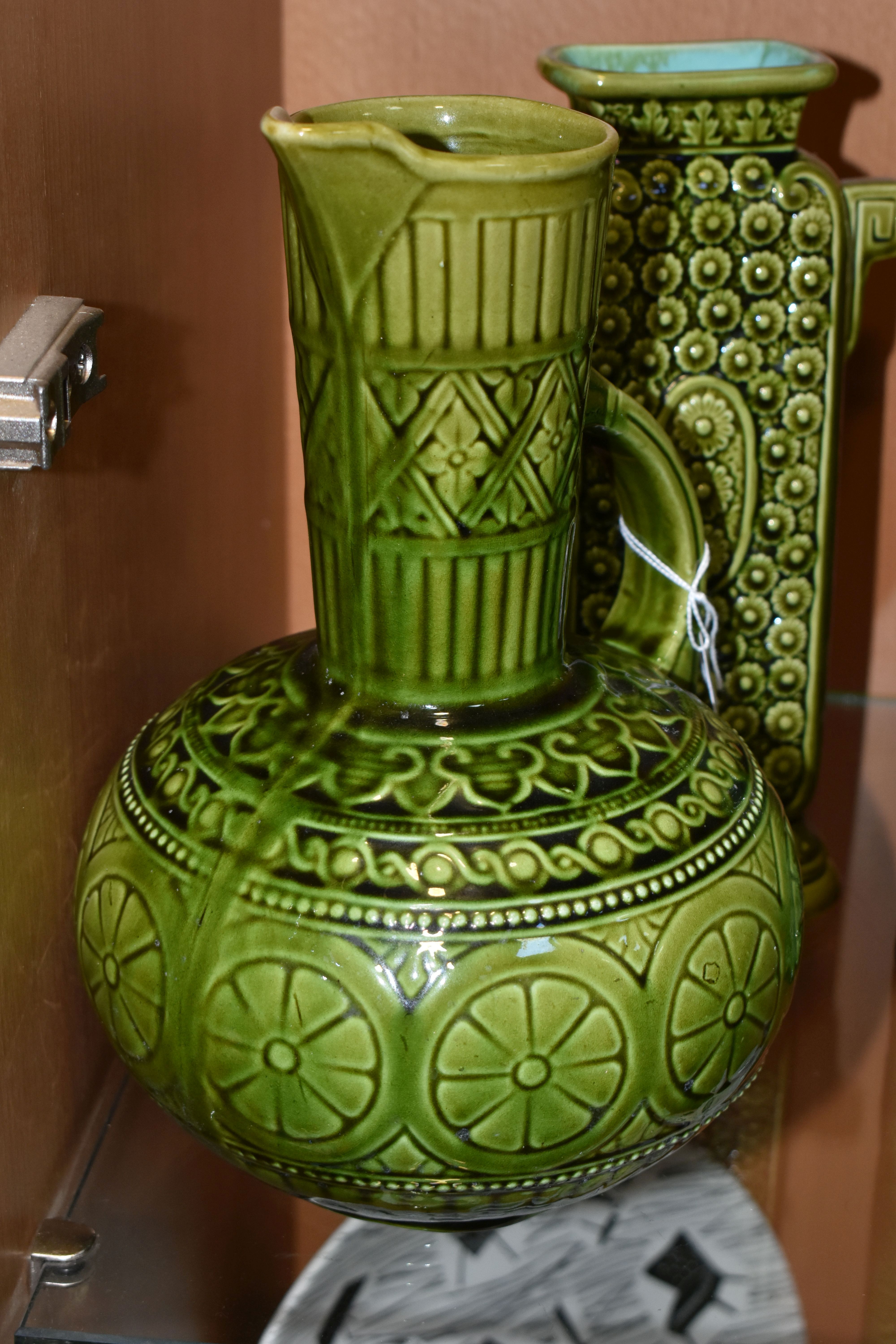 FOUR PIECES OF GREEN GLAZED POTTERY, comprising a Lear green glazed jug marked 'Lear 145', a Lear - Image 2 of 9