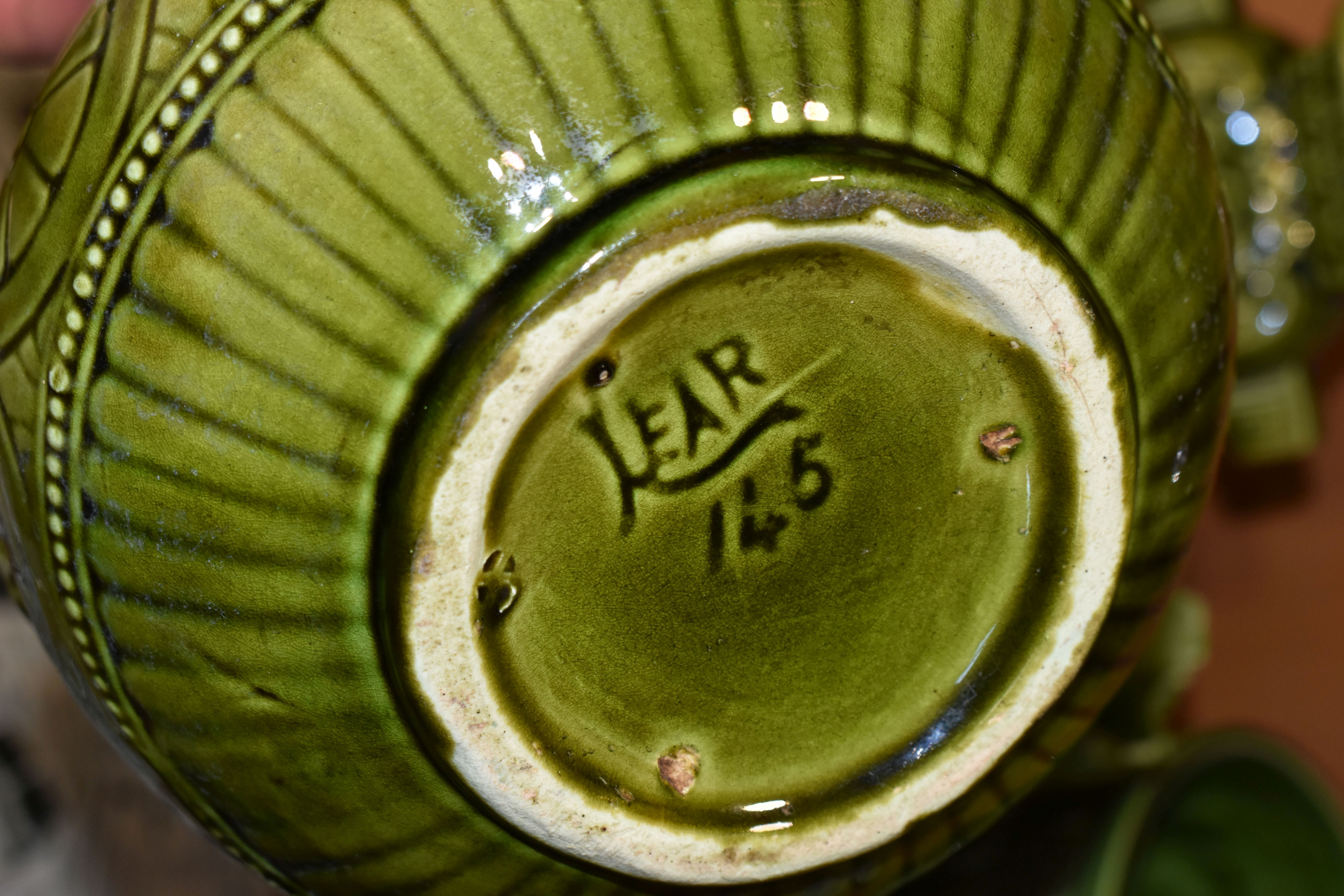 FOUR PIECES OF GREEN GLAZED POTTERY, comprising a Lear green glazed jug marked 'Lear 145', a Lear - Image 3 of 9