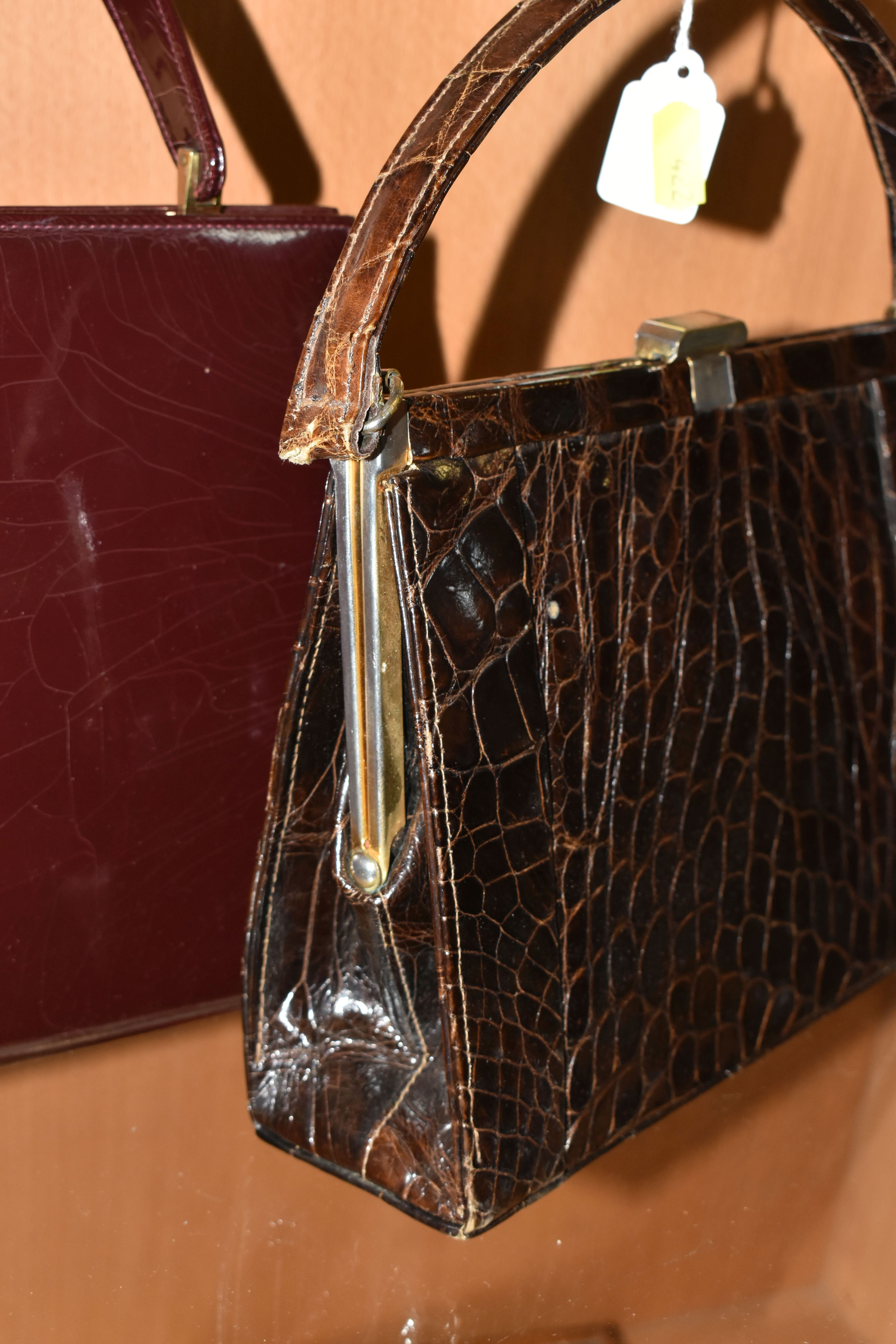 THREE LADIES' VINTAGE HANDBAGS, comprising a brown French faux Croc bag, a claret patent leather - Image 6 of 12