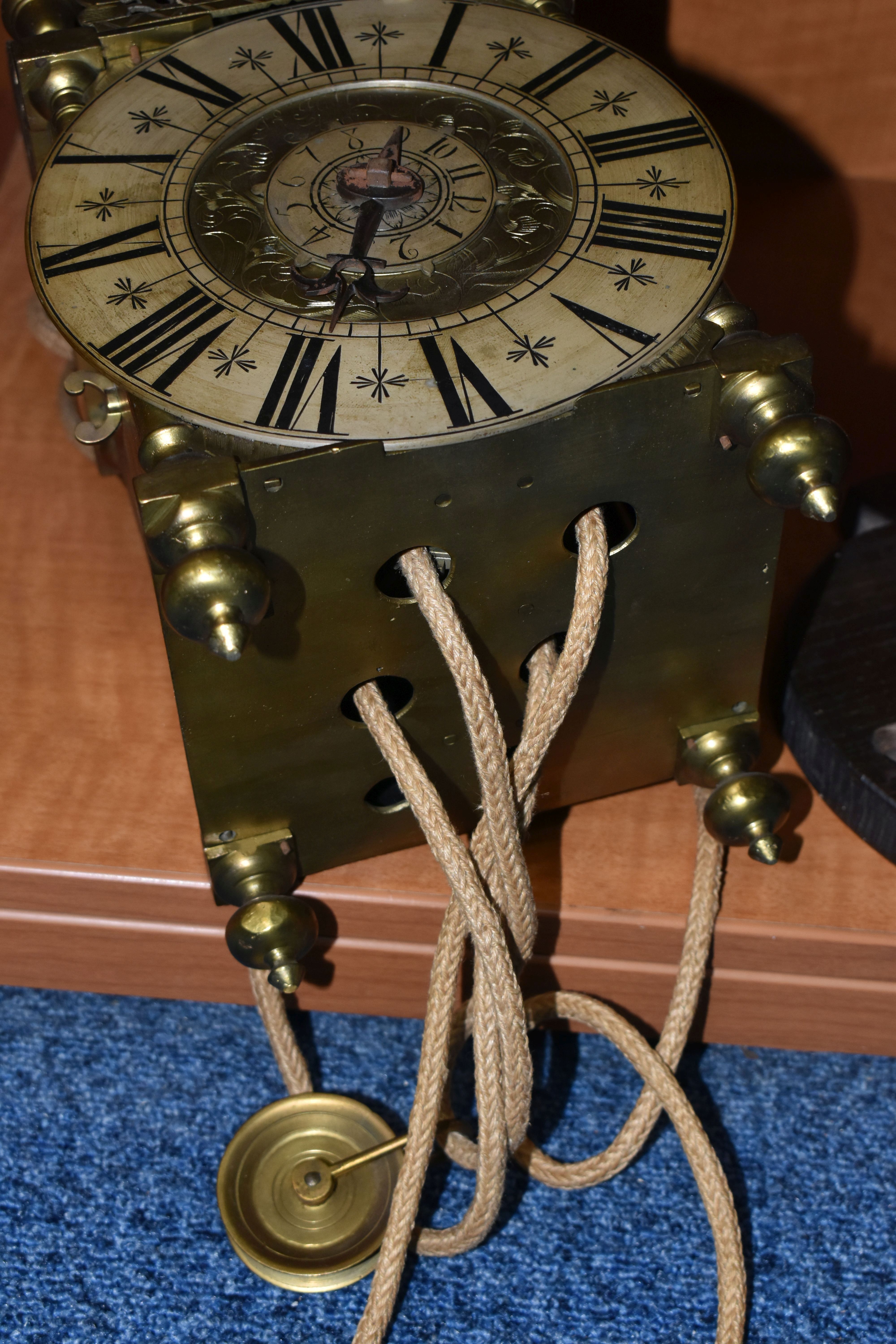 A 17TH CENTURY STYLE BRASS LANTERN CLOCK, four posted case with side doors and side frets, - Image 9 of 11