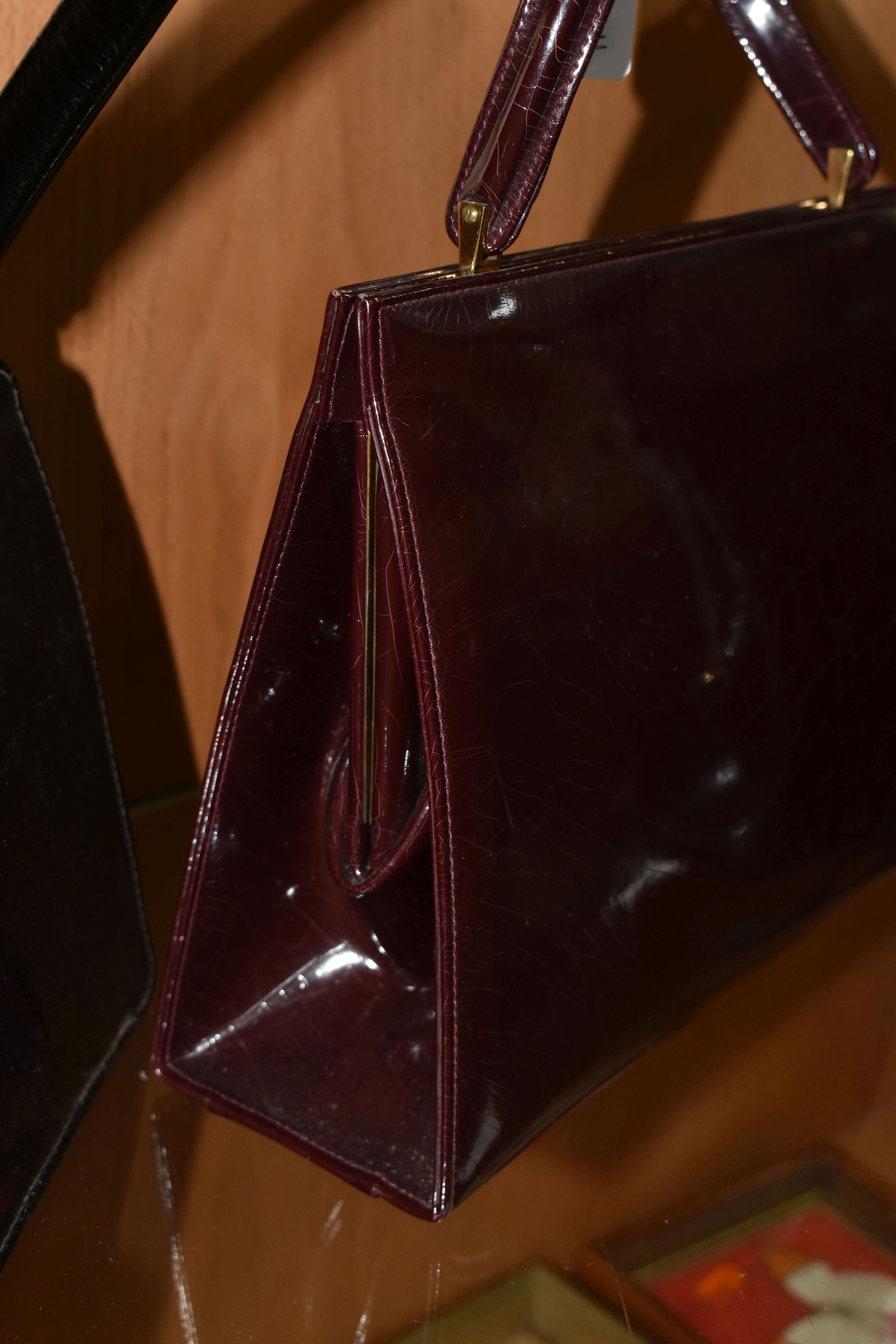 THREE LADIES' VINTAGE HANDBAGS, comprising a brown French faux Croc bag, a claret patent leather - Image 7 of 12