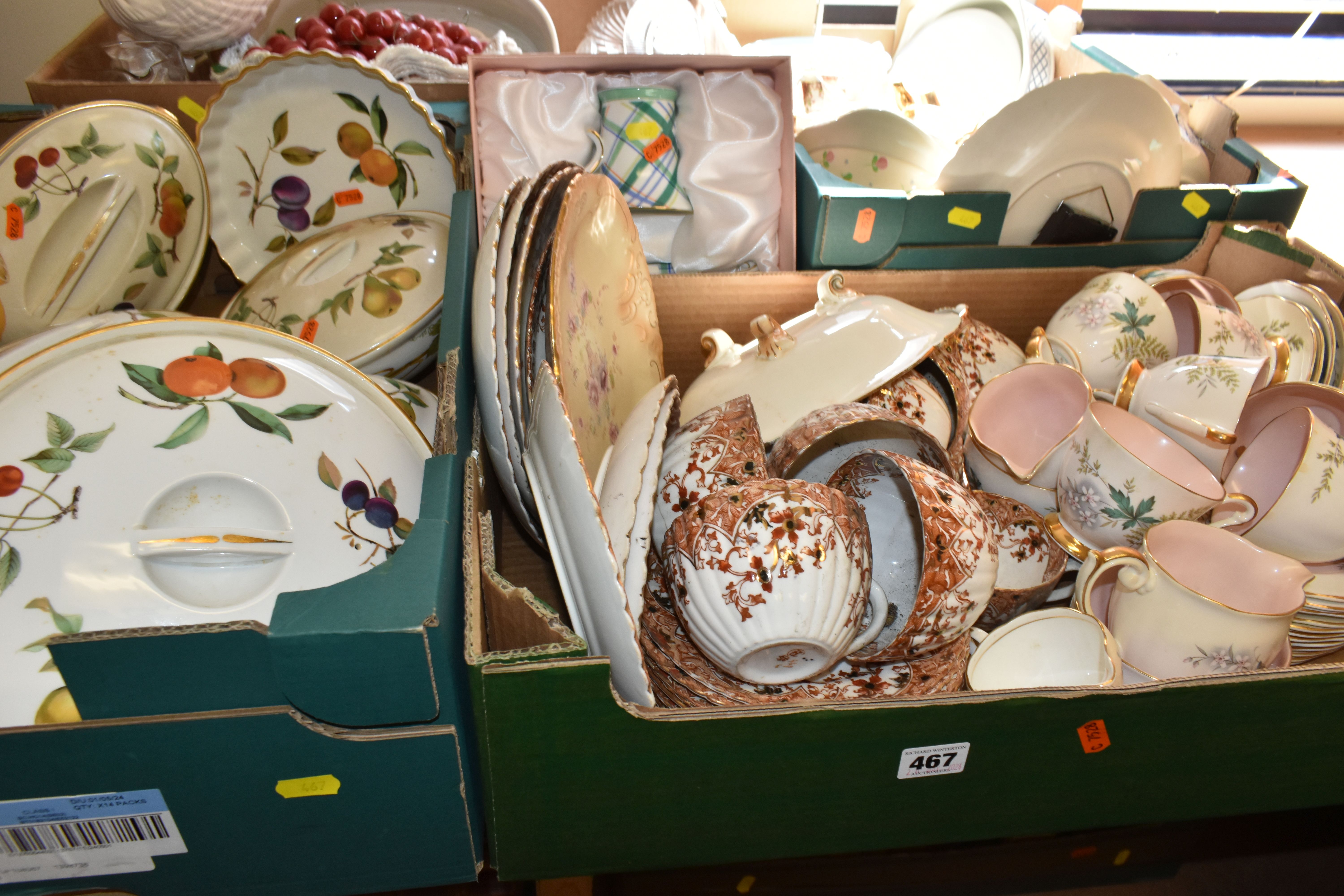 FOUR BOXES AND LOOSE CERAMICS AND GLASS WARE, to include seven pieces of Royal Worcester Evesham